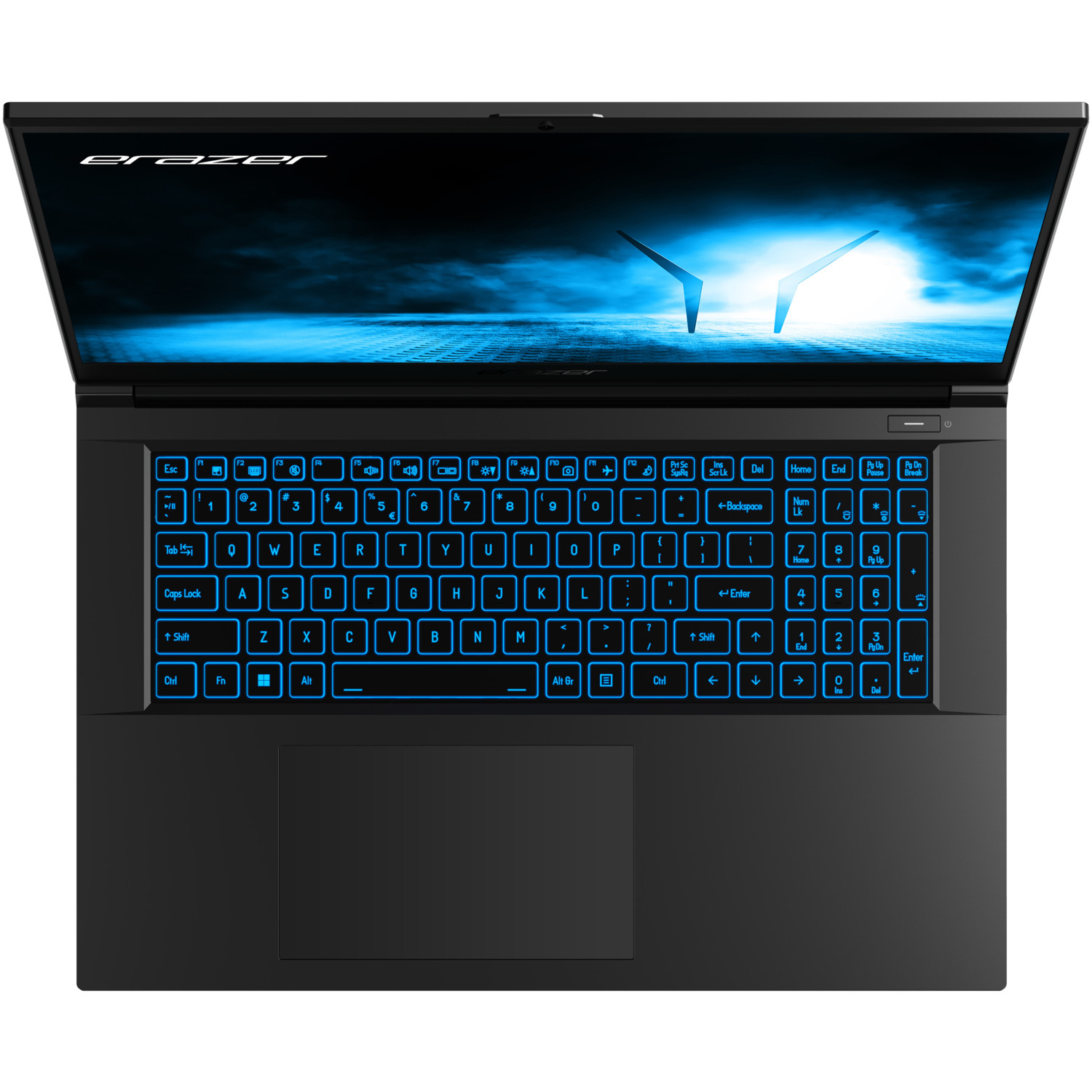 Acer laptop: The laptop is open, keyboard is lit blue. The screen shows a blue and white scene.