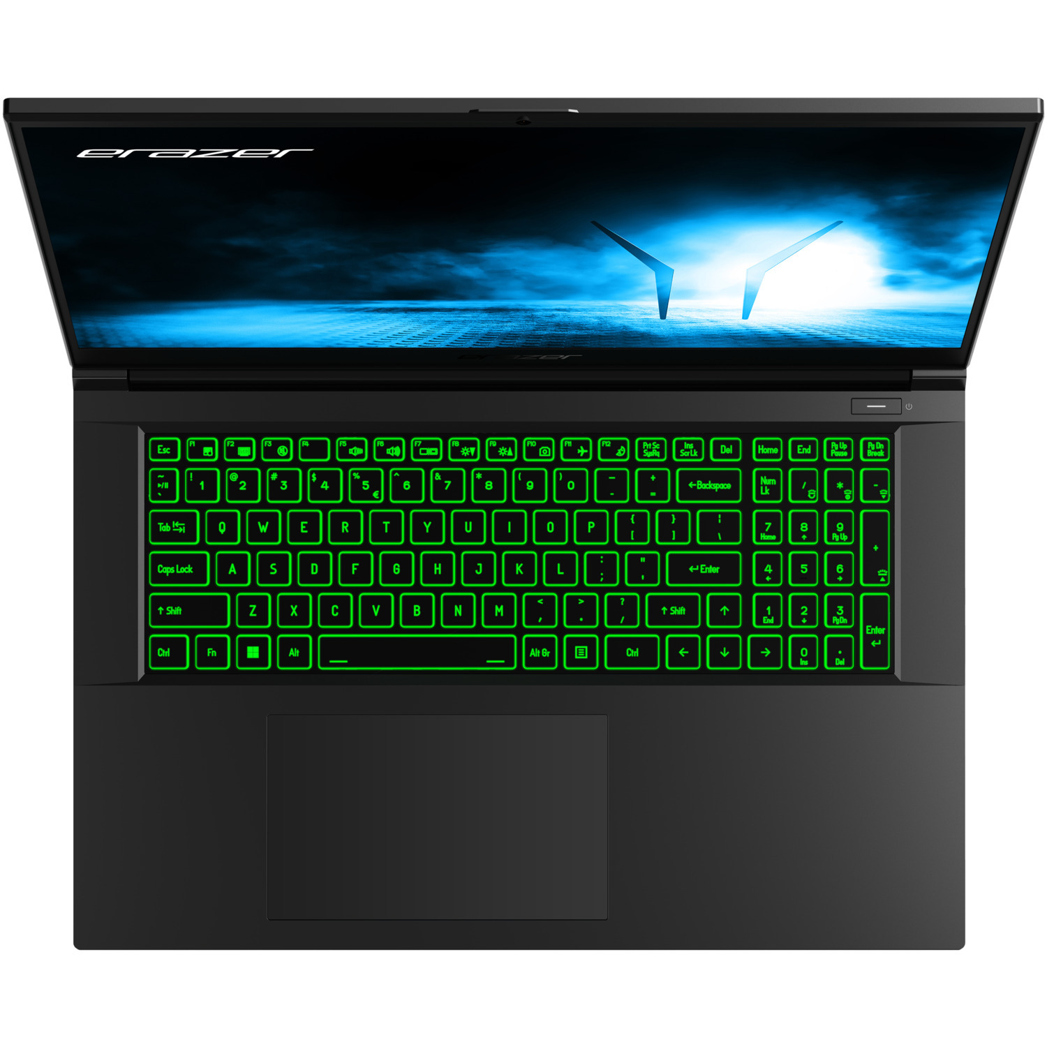 A laptop with a green lit keyboard and a blue screen display.