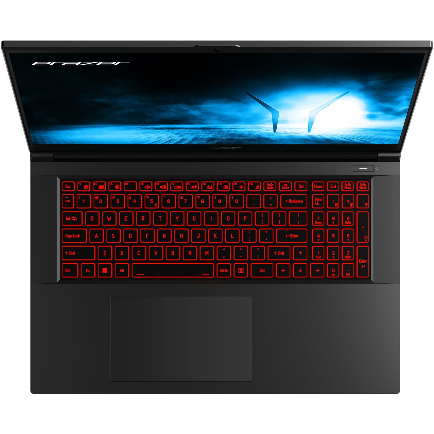 Black Acer laptop, open. Red backlit keyboard. The screen shows a blue design.
