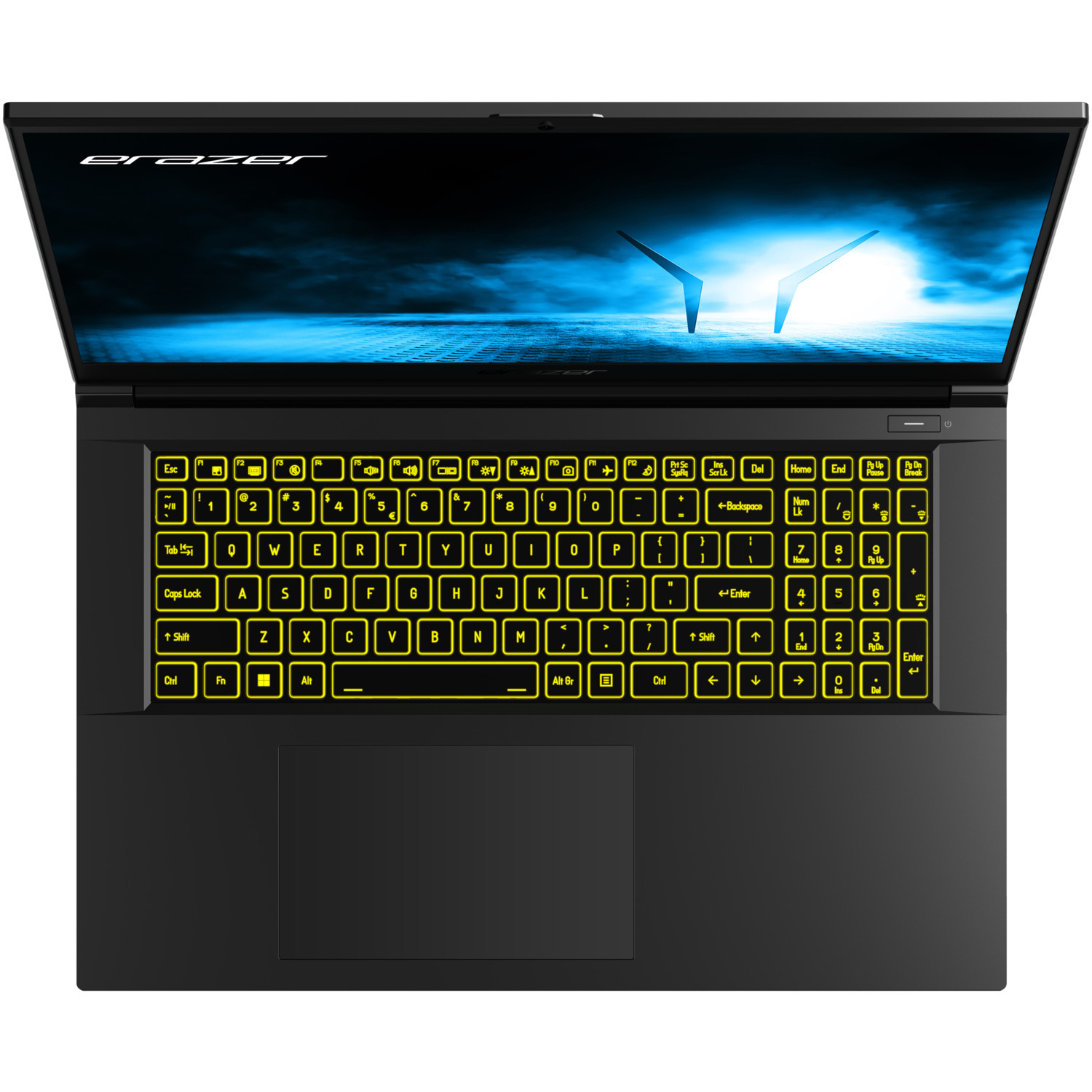 An open black laptop with yellow-lit keyboard keys.