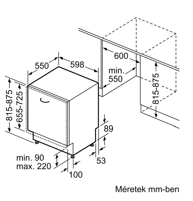 Egy mosogatógép diagramja, milliméterben megadott méretekkel. A mosogatógép fehér.