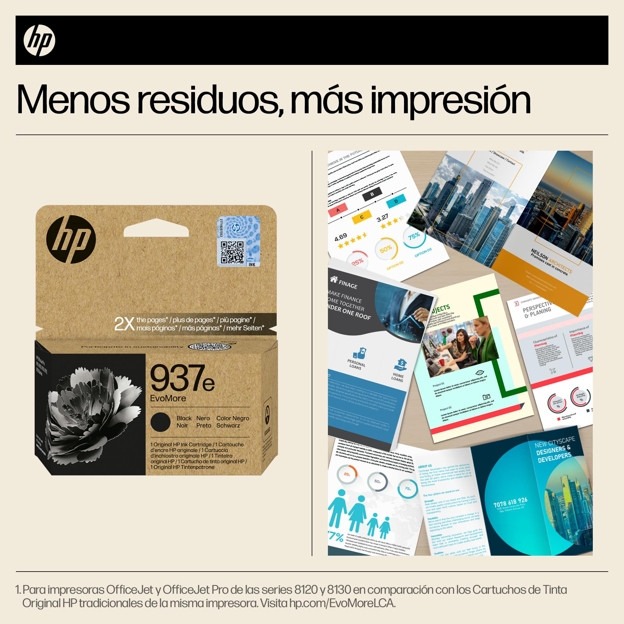 Caja de tinta HP e imágenes. Texto: "Menos residuos, más impresión." Documentos con imágenes.