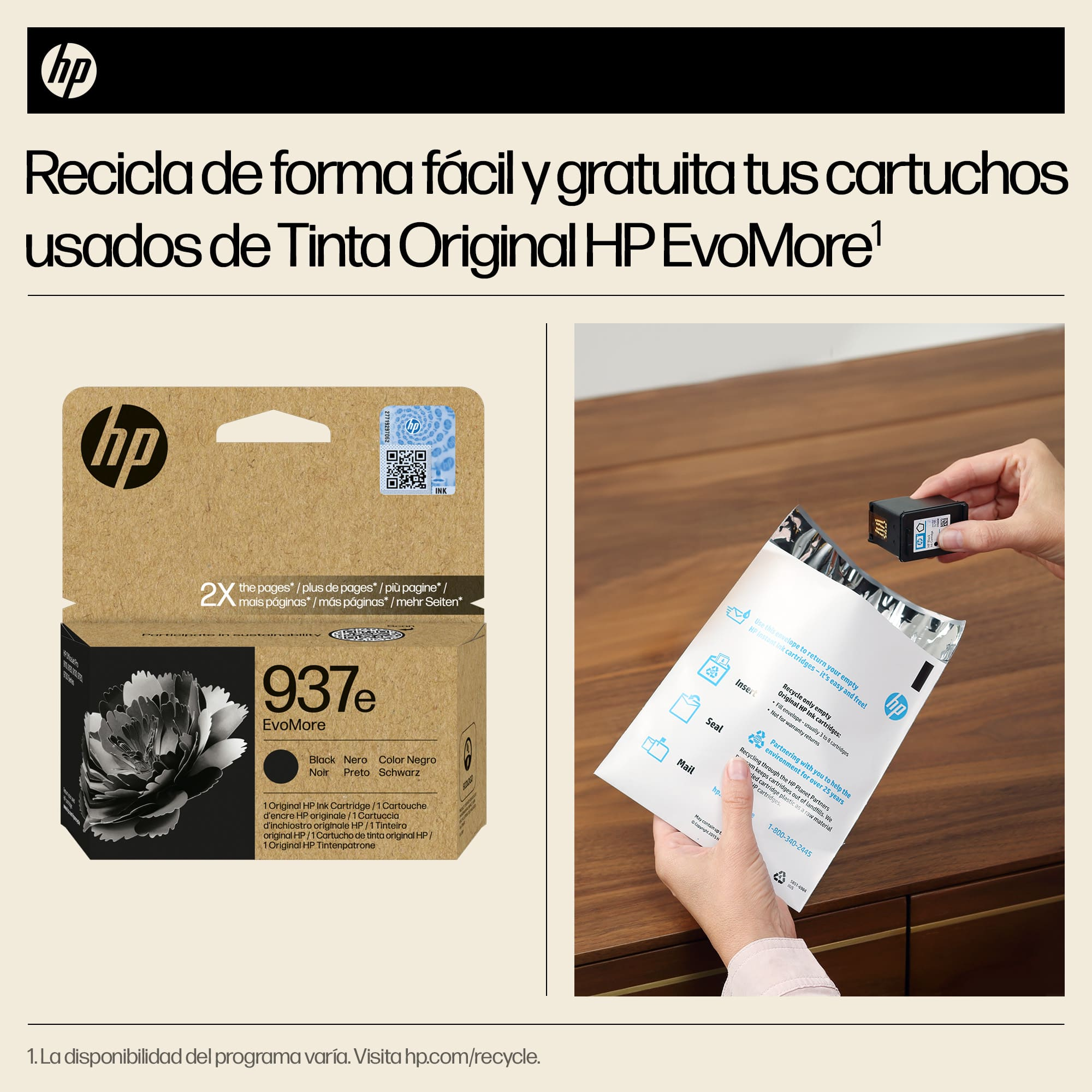 Una caja de cartuchos de tinta HP con texto y una mano sosteniendo un paquete.