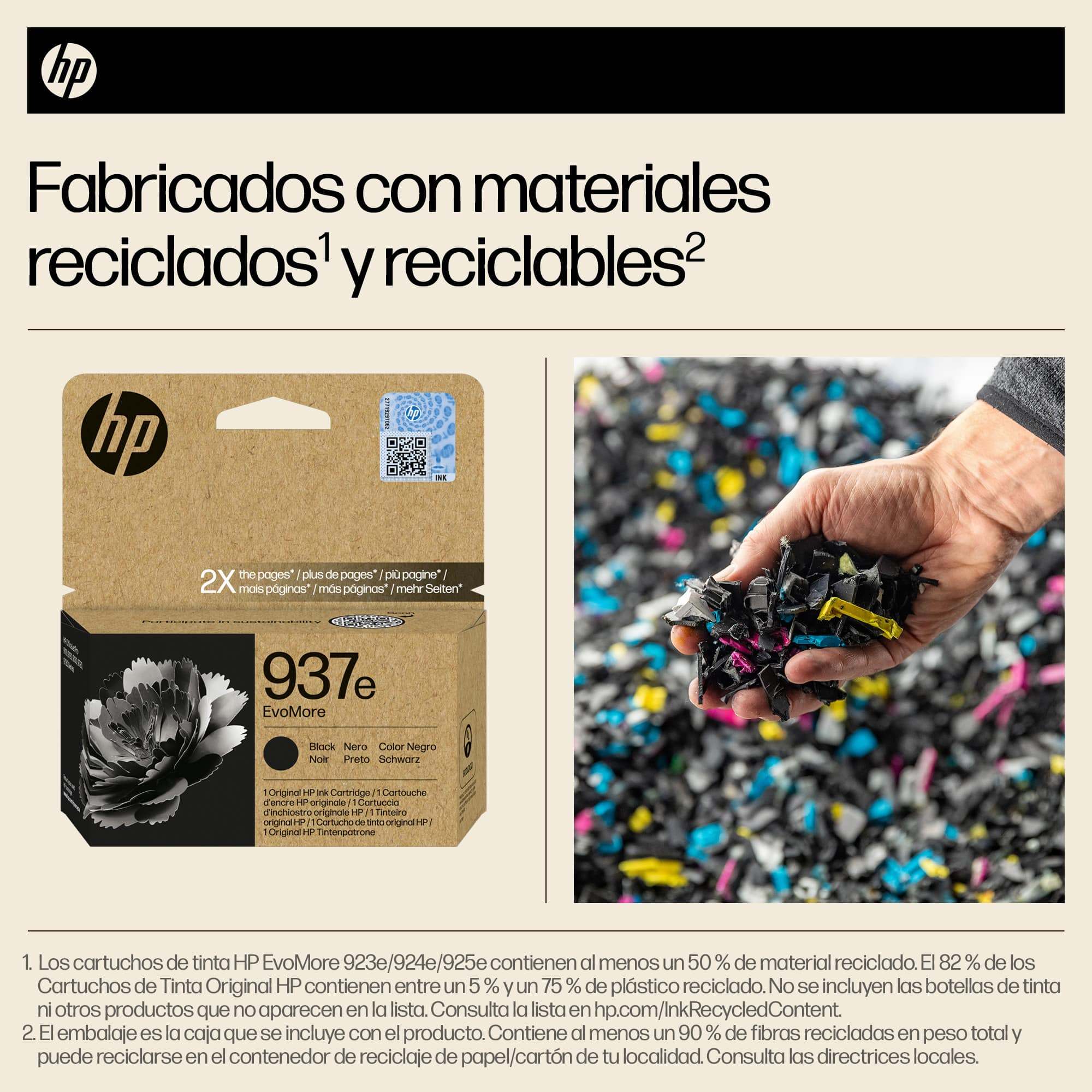 Cartucho de tinta HP y materiales de reciclaje. Texto en la caja. Mano sosteniendo materiales.