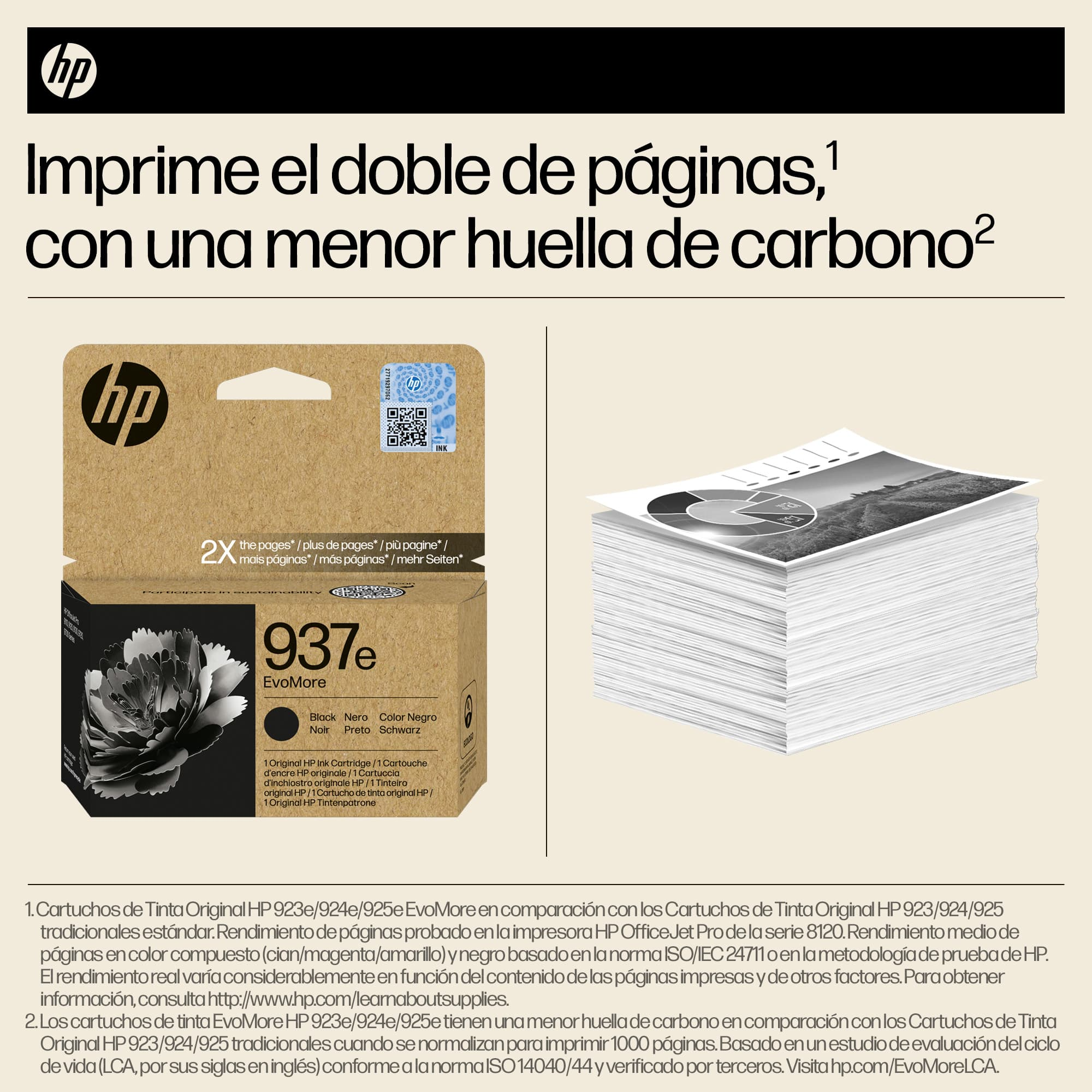 Cartucho de tinta HP con pila de papel. Texto indica imprimir el doble de páginas con menor huella de carbono.