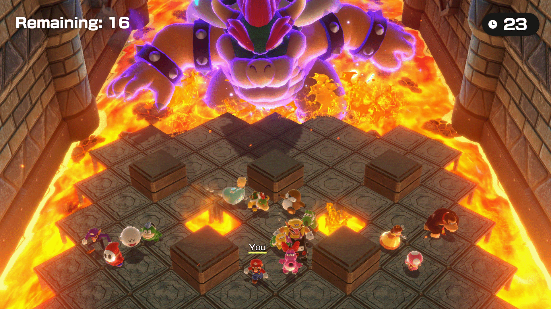 Bowser in Lava-Arena, umgeben von Charakteren. Spieloberfläche zeigt verbleibende Zeit und Punkte.