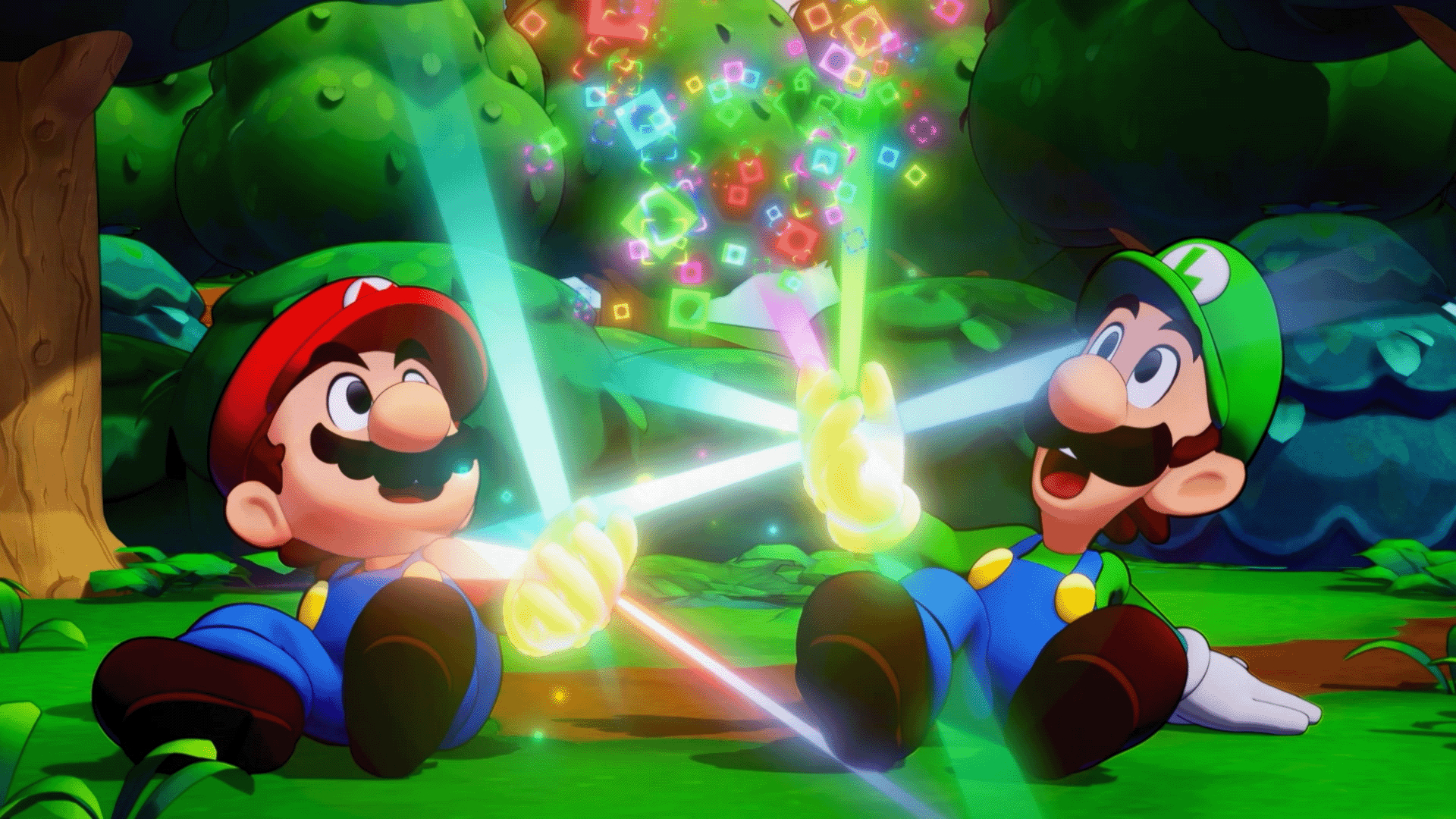 Mario und Luigi aus Mario Party in einer bunten, cartoonartigen Waldszene.