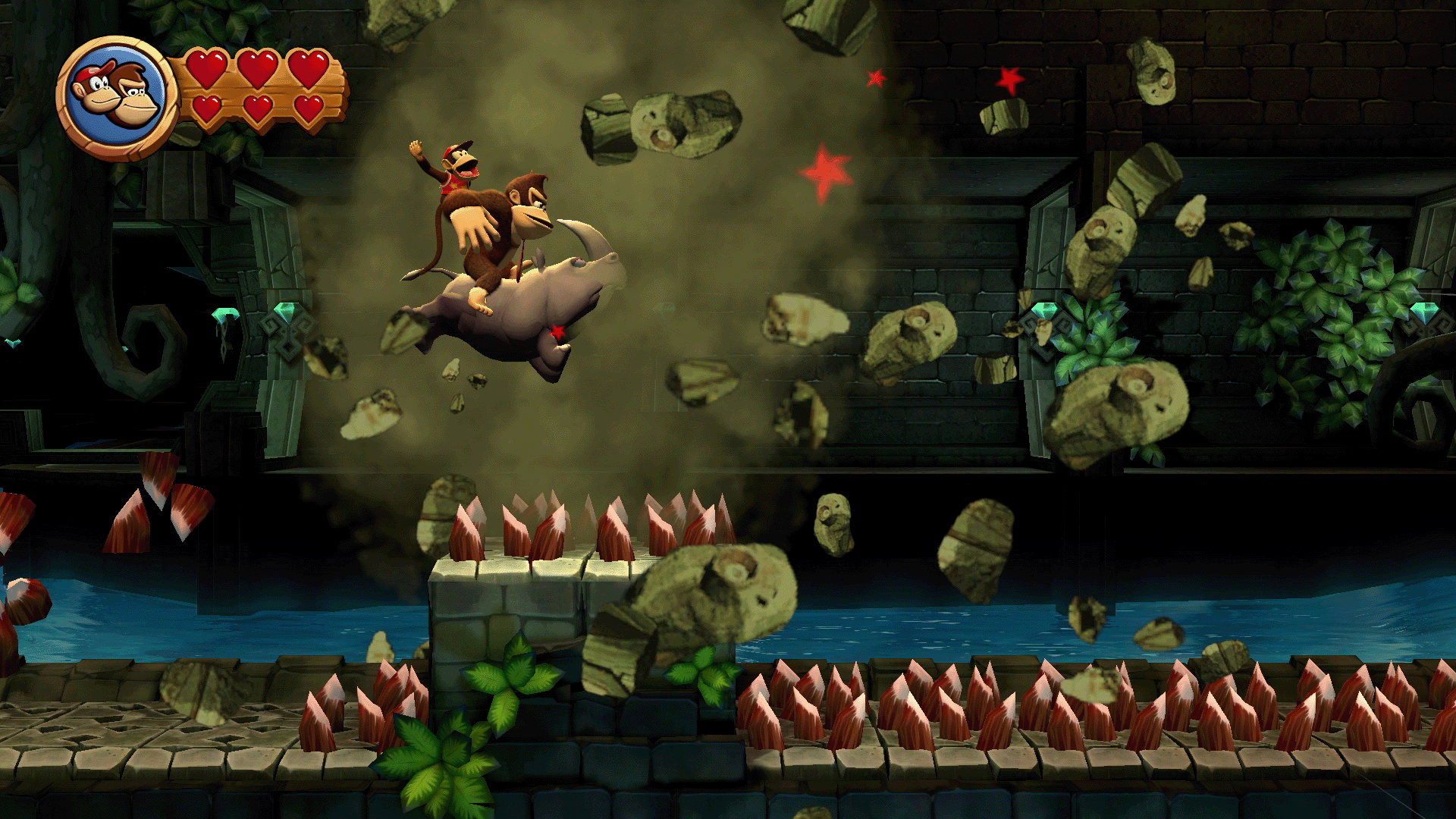 Donkey Kong und Diddy Kong reiten auf einem Wesen im Dschungel. Action-Szene.