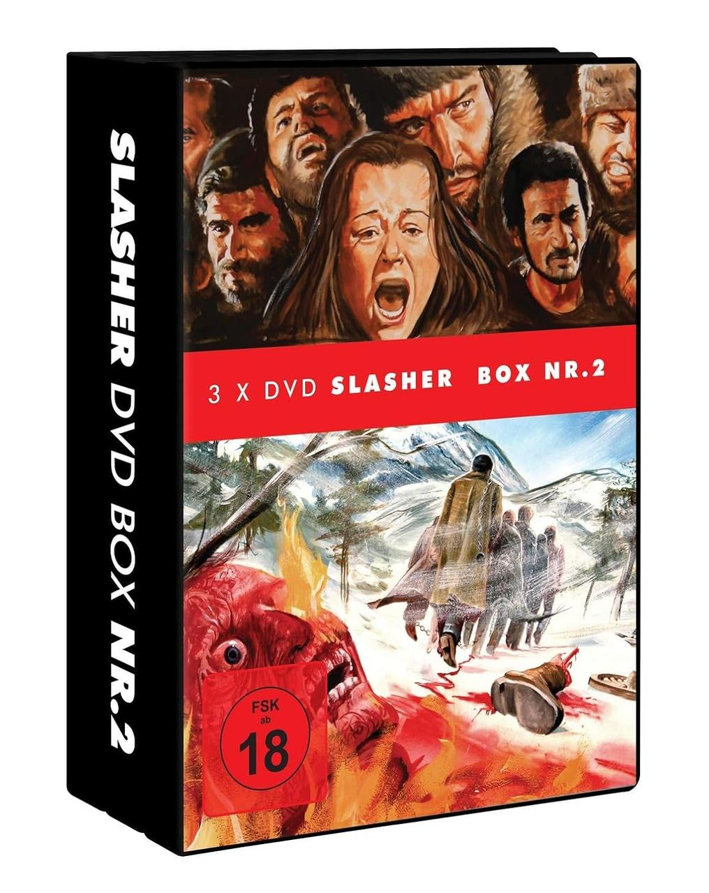 DVD-Box-Set, dunkel mit Filmbildern schreiender Gesichter. Text: Slasher DVD Box Nr.2, 3 x DVD.