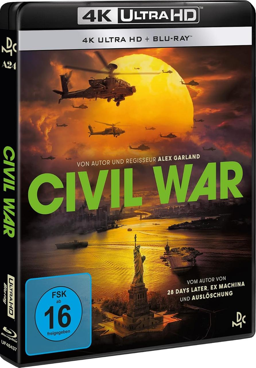 DVD-Boxart für 'Civil War'. Zeigt Hubschrauber vor einem Sonnenuntergang und der Freiheitsstatue.