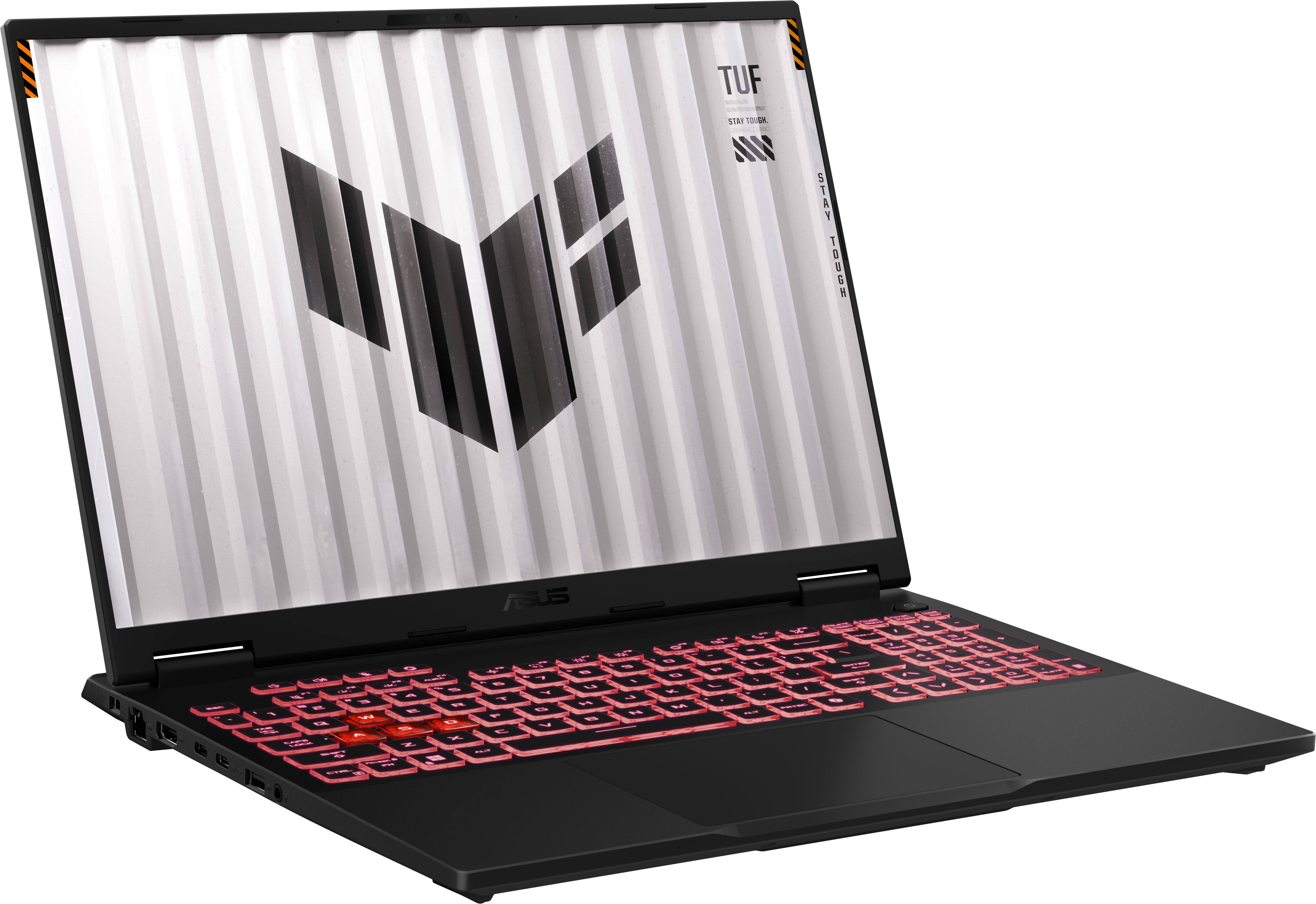 Schwarzer Laptop mit roter Hintergrundbeleuchtung der Tastatur und weißem Bildschirm mit Logo.