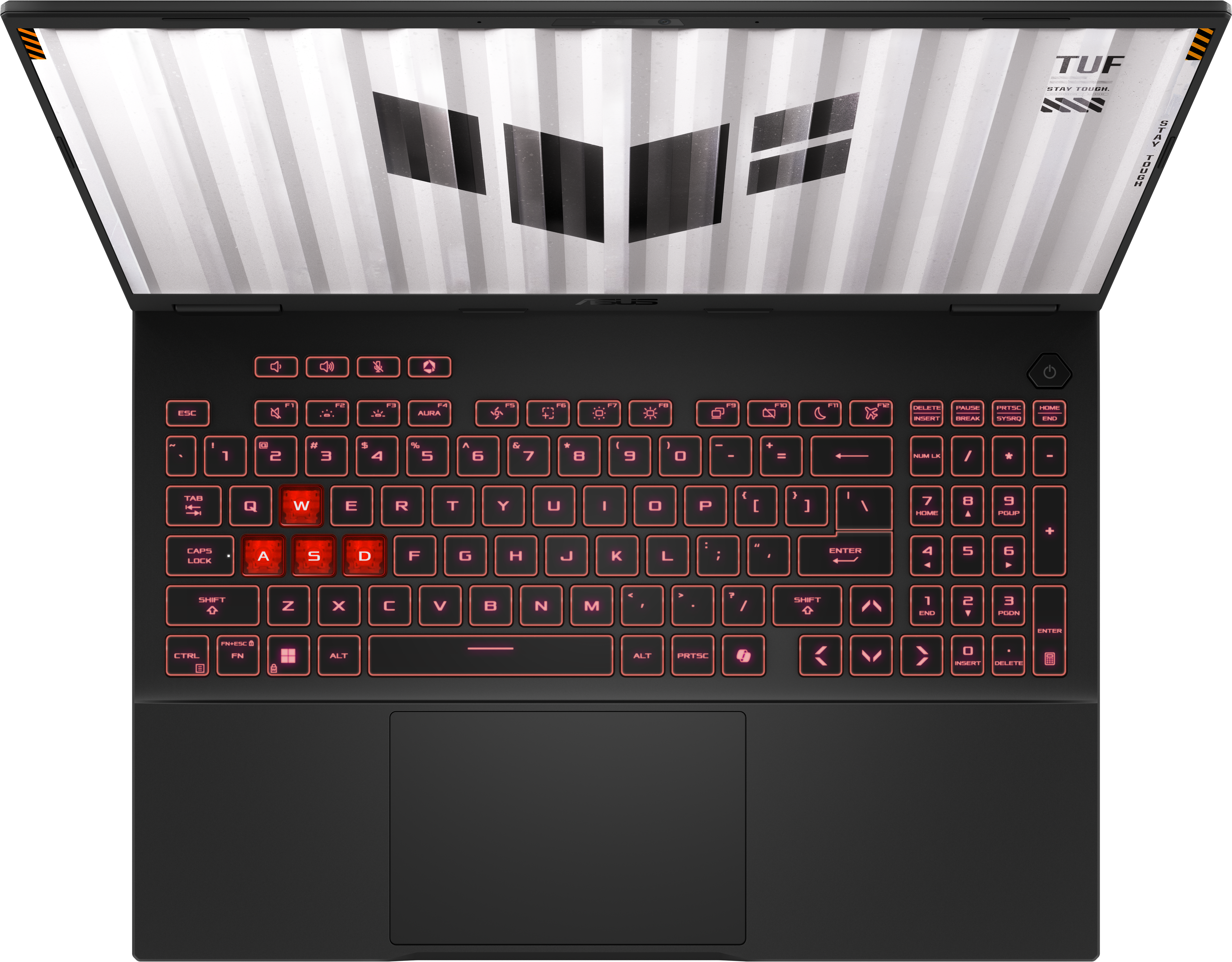 Draufsicht auf einen schwarzen Laptop mit rot beleuchteten Tasten. Schwarze Tastatur.
