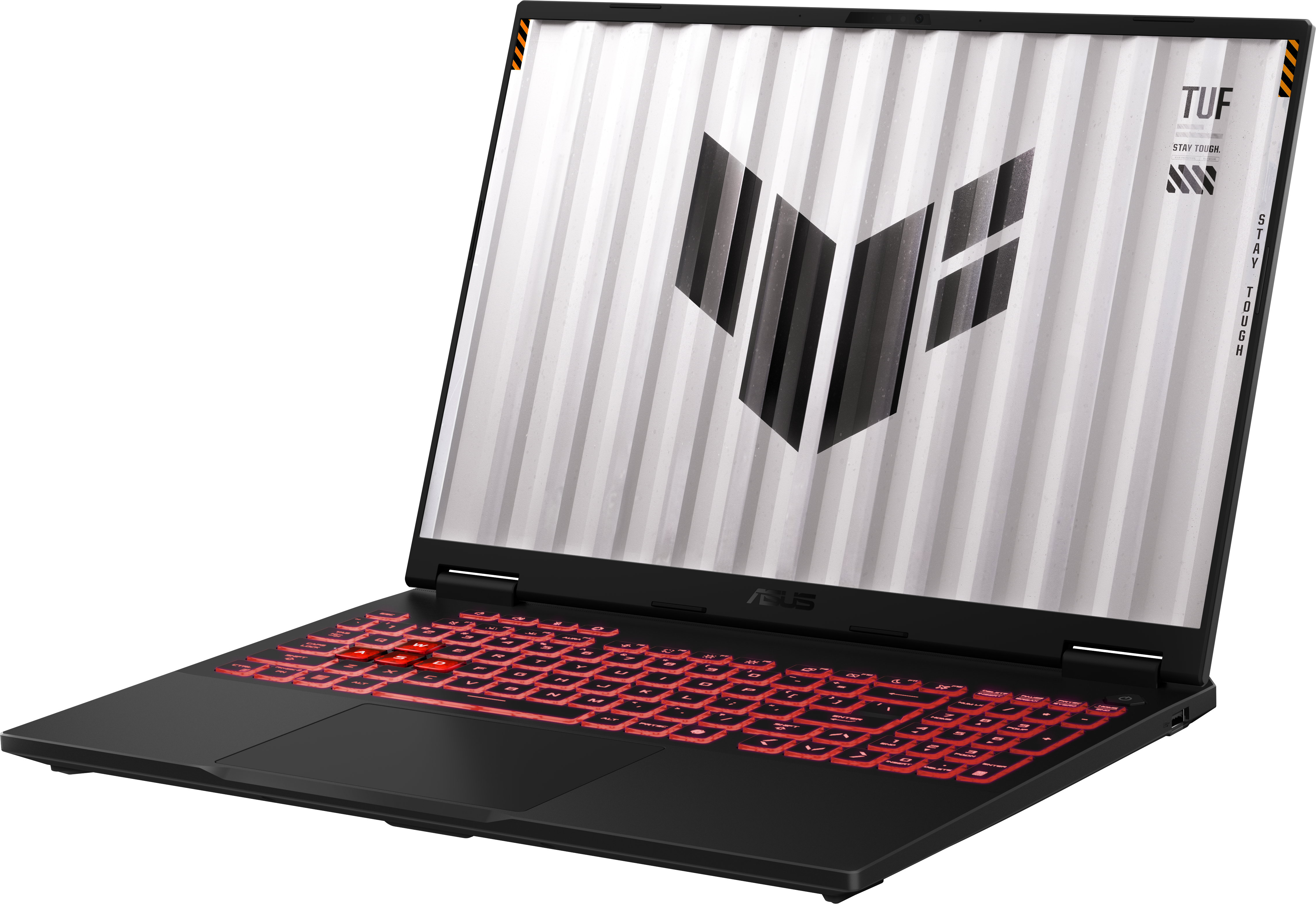 ASUS TUF Laptop in Grau. Rot beleuchtete Tastatur. Bildschirm zeigt weißen Streifenhintergrund.