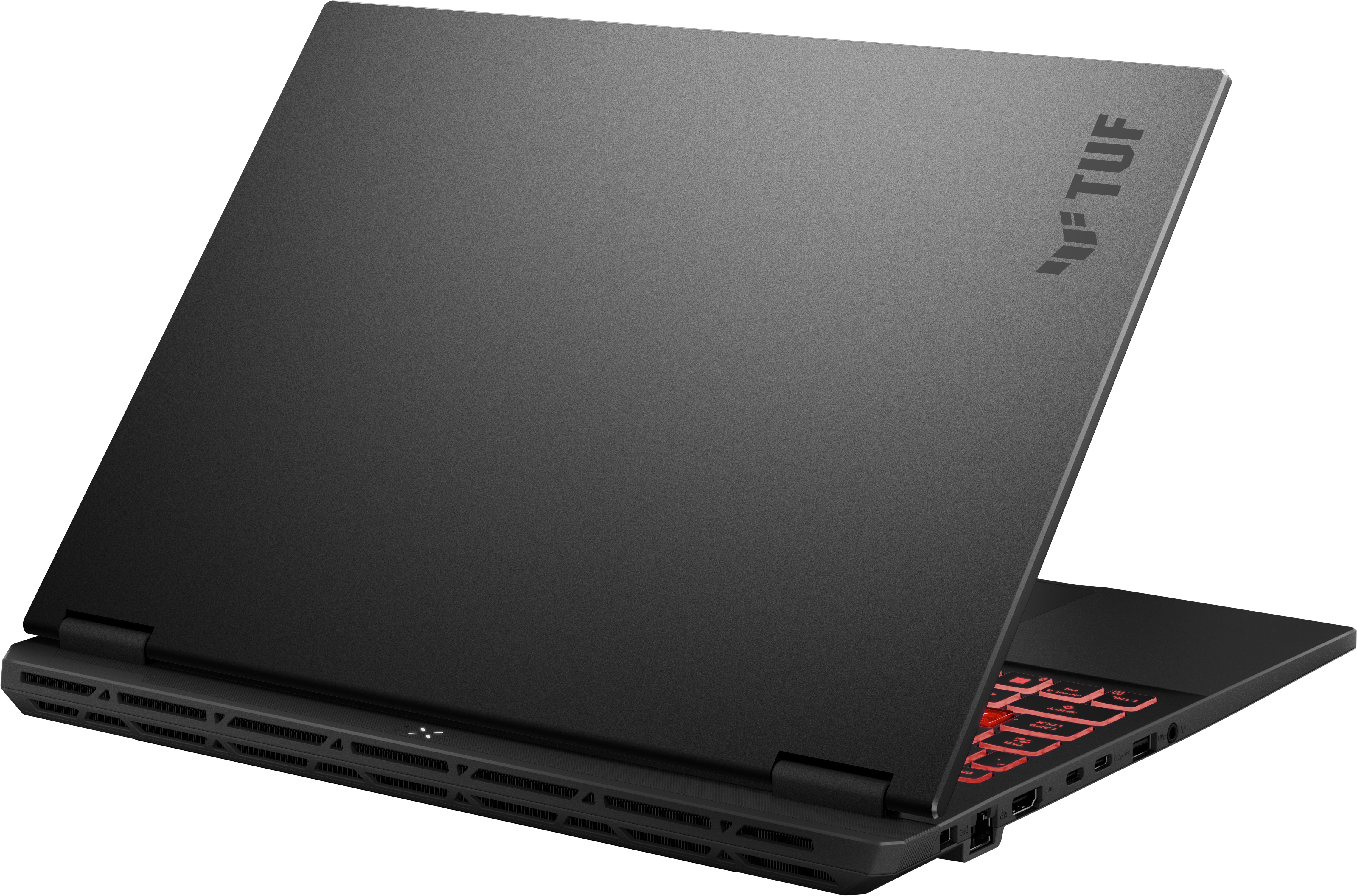 Schwarzer Laptop, Rückansicht, mit offenem Bildschirm und dem Wort TUF darauf.
