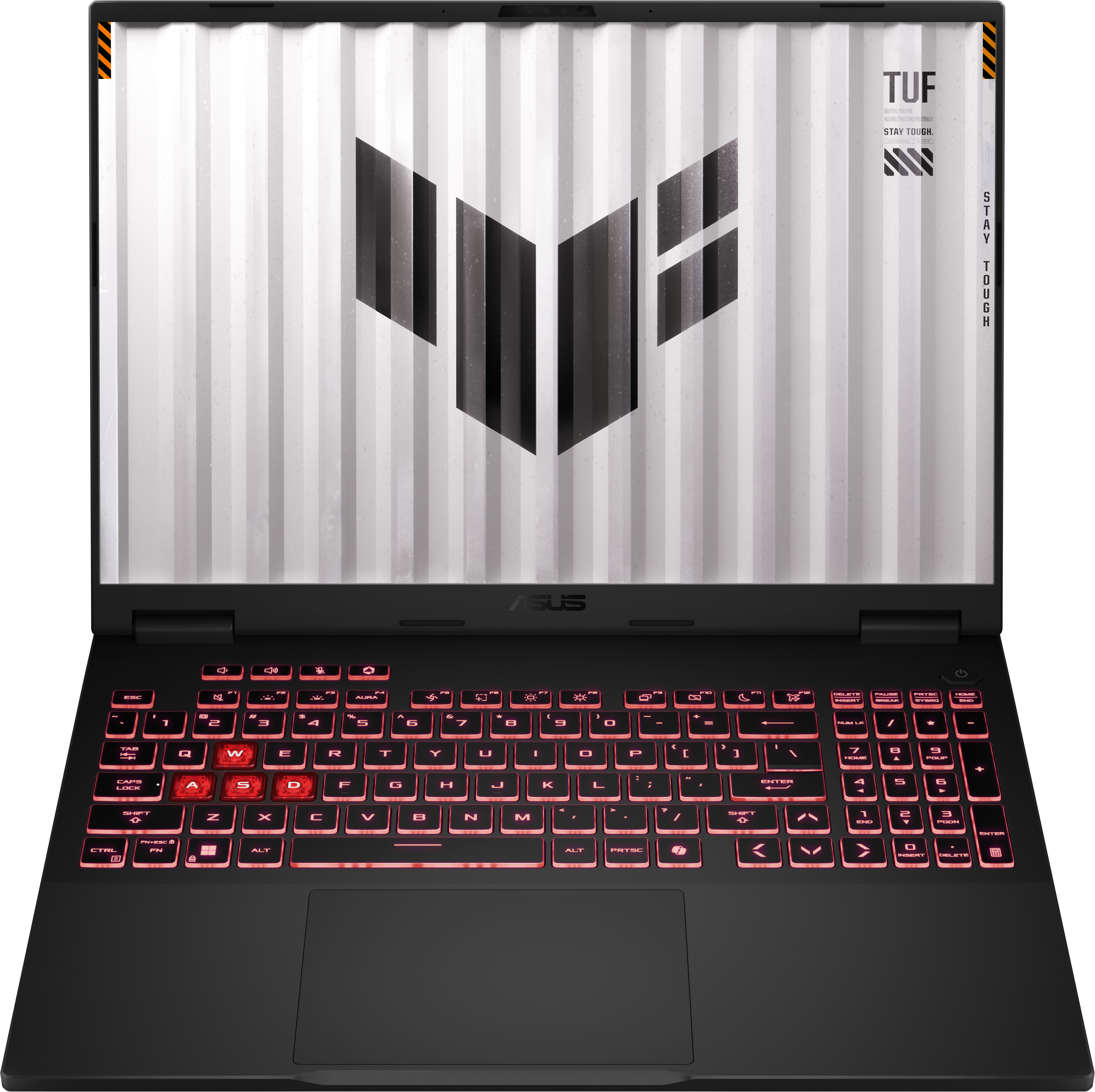 Ein Laptop mit beleuchteter, rot hinterleuchteter Tastatur. Der Bildschirm zeigt ein Design, und der Laptop ist geöffnet.