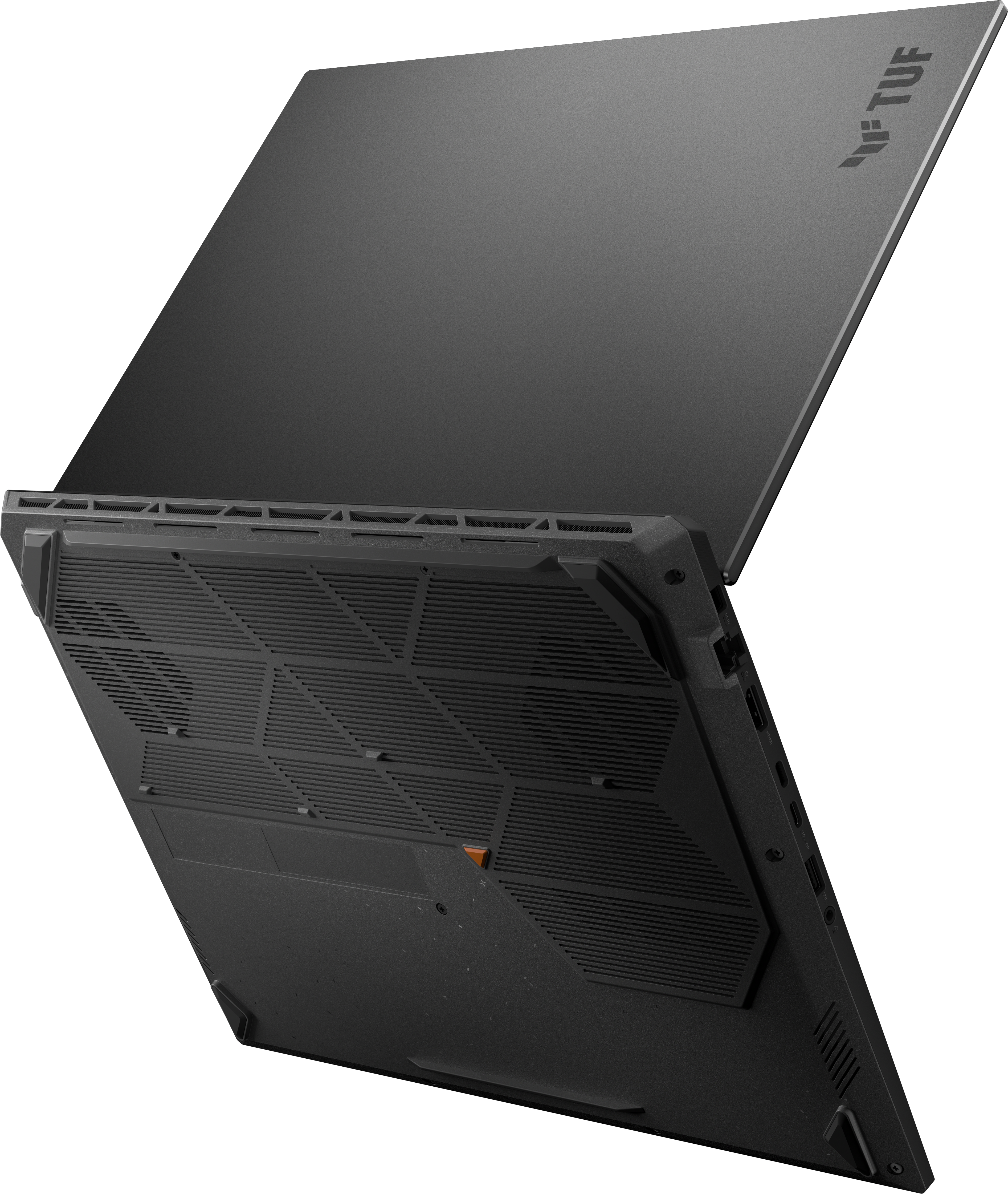 Schwarzer Laptop, Unterseite. Lüftungsgitter sichtbar.