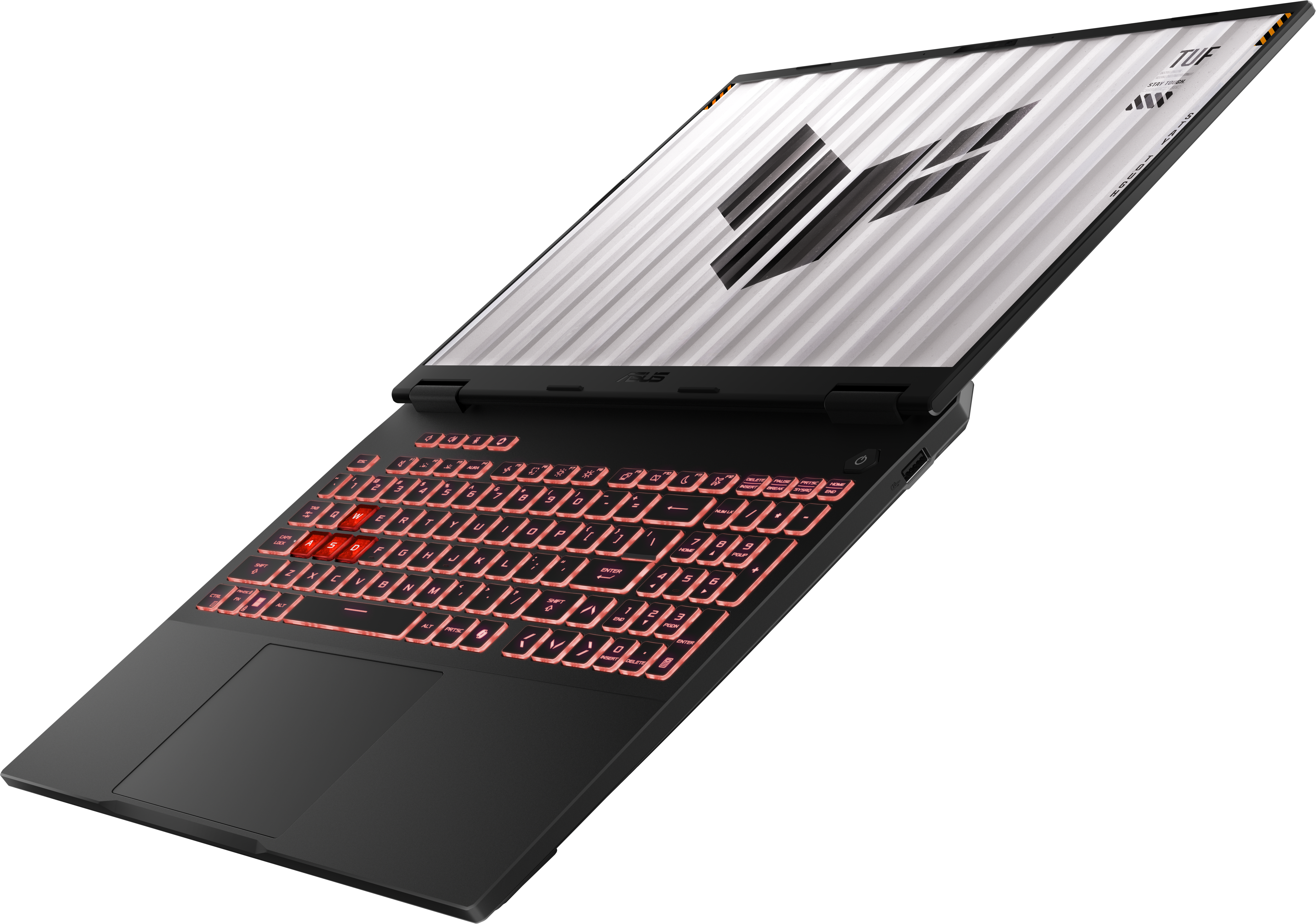 Geöffneter Laptop mit beleuchteter roter Tastatur und dem ASUS-Logo auf dem Bildschirm.