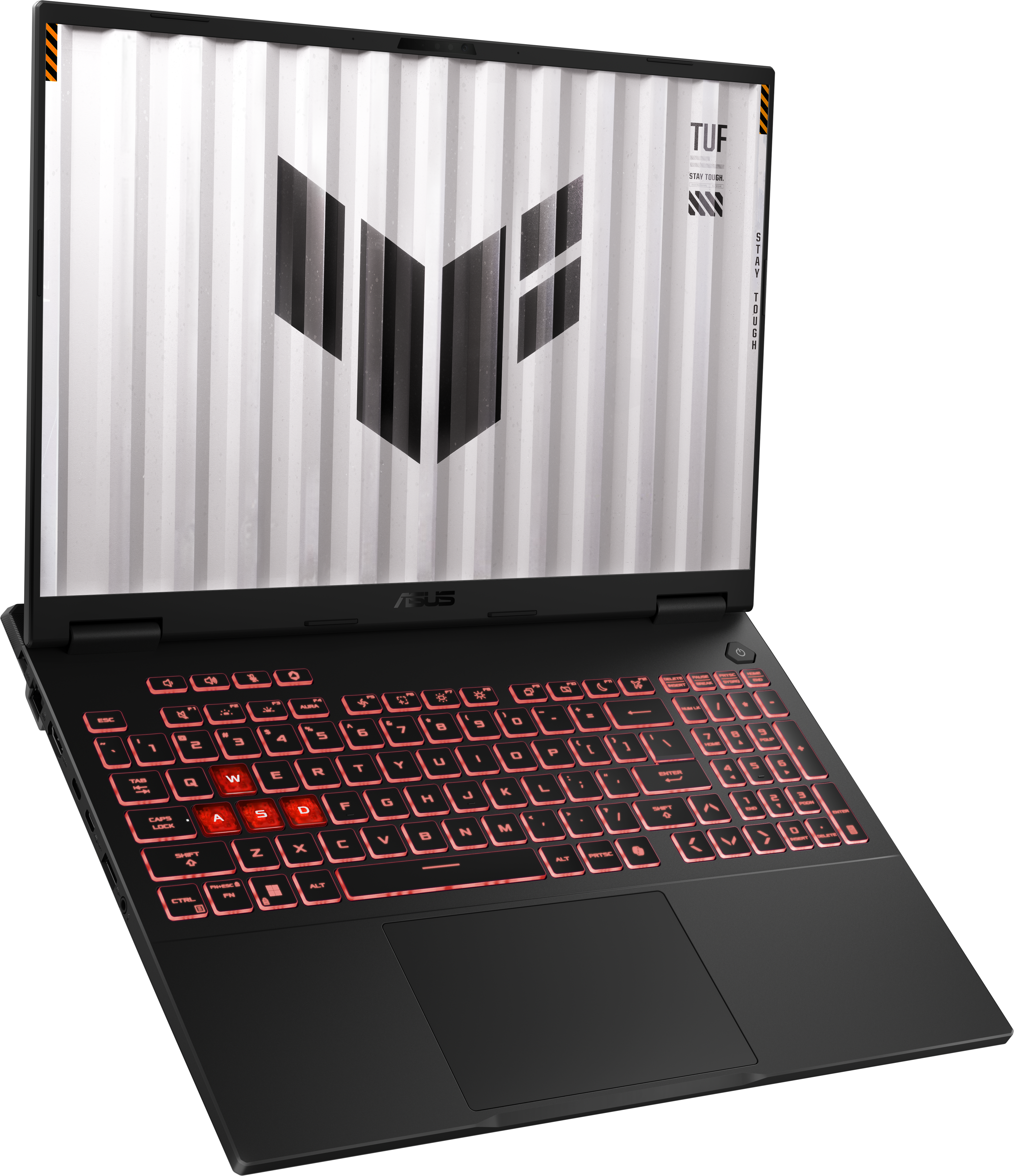 Schwarzer Laptop mit roter Hintergrundbeleuchtung der Tastatur und einem Logo auf dem Bildschirm.
