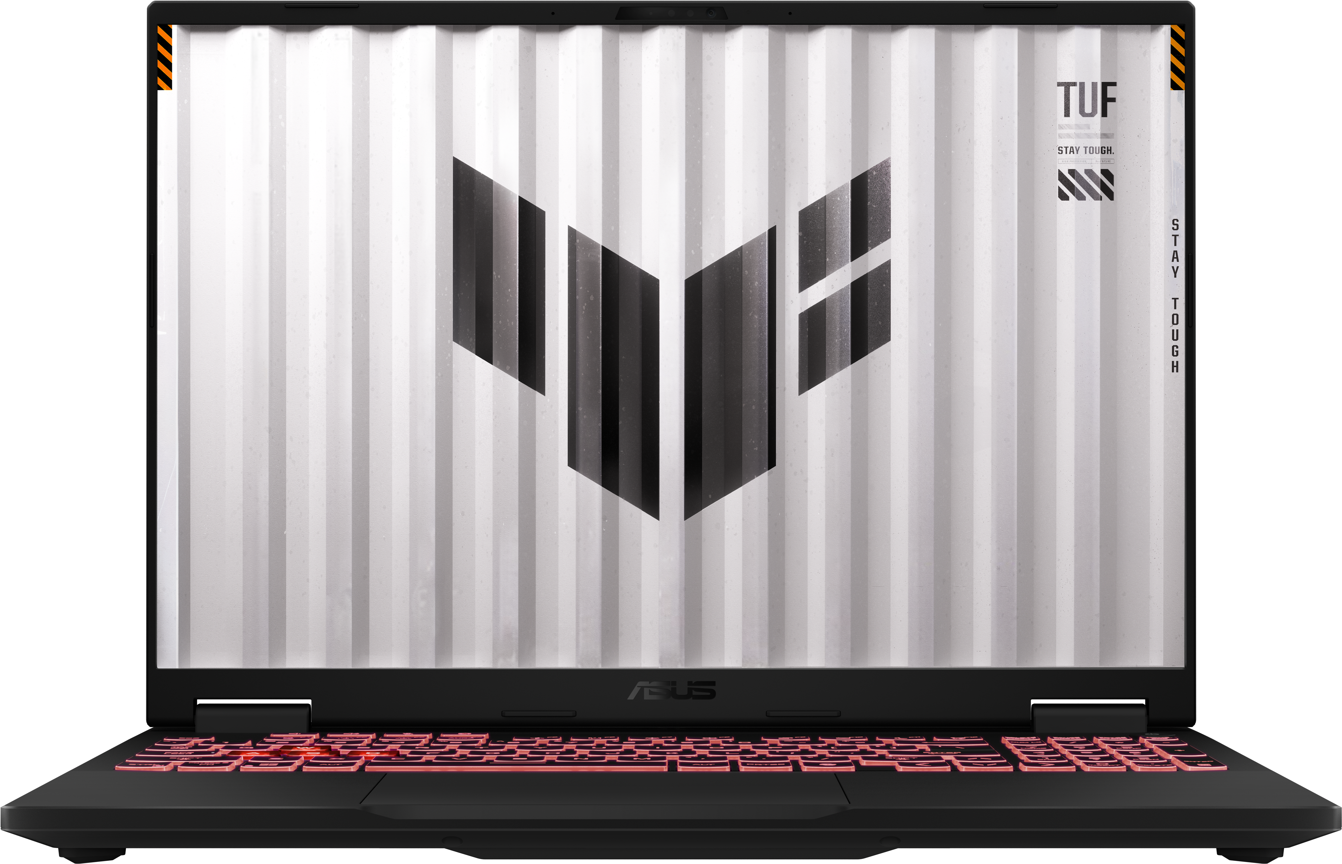 Laptop geöffnet auf weißem Grund, mit TUF-Logo und Tastatur.