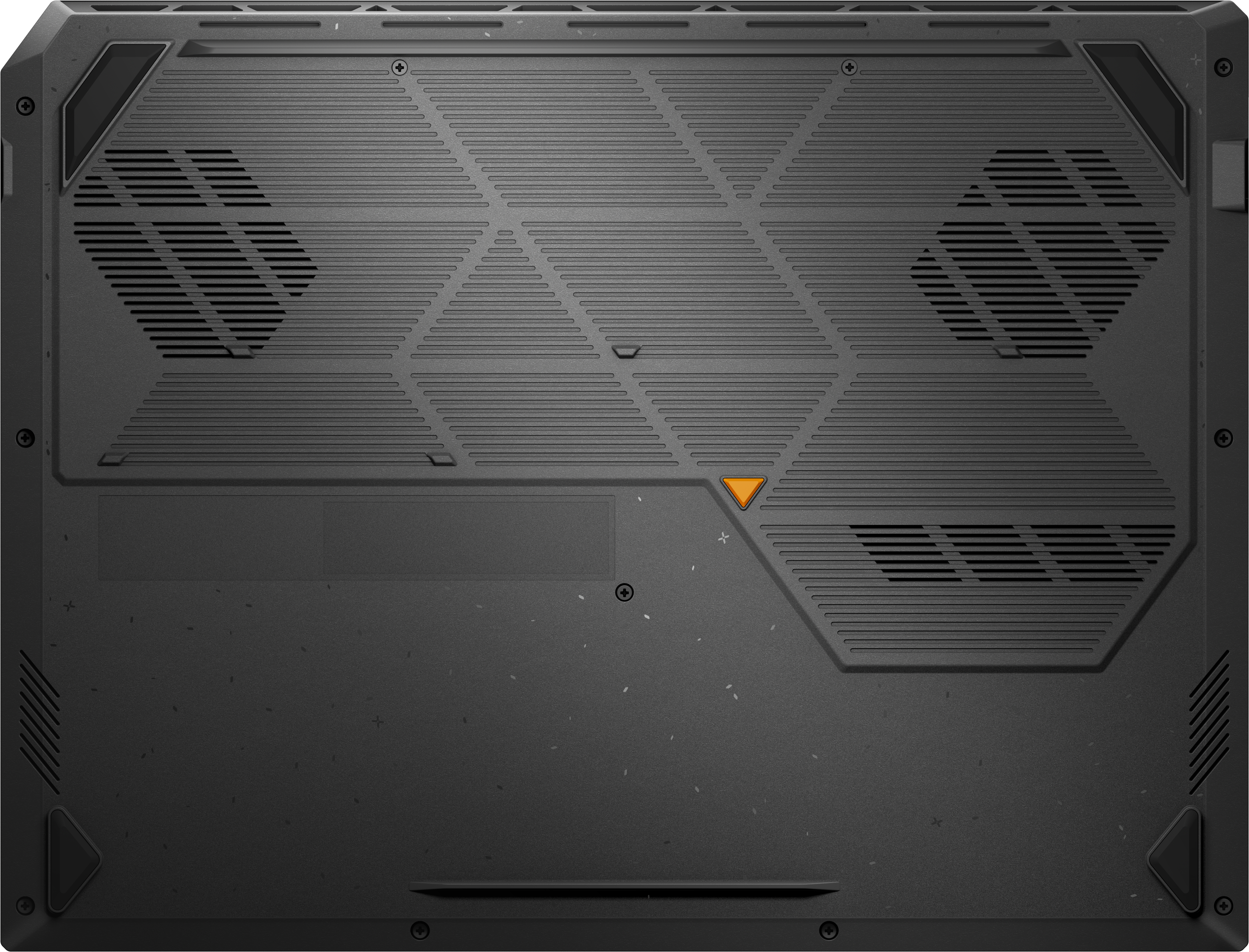 Die Unterseite eines schwarzen Laptops mit strukturierter Oberfläche und einem orangefarbenen Dreieck.