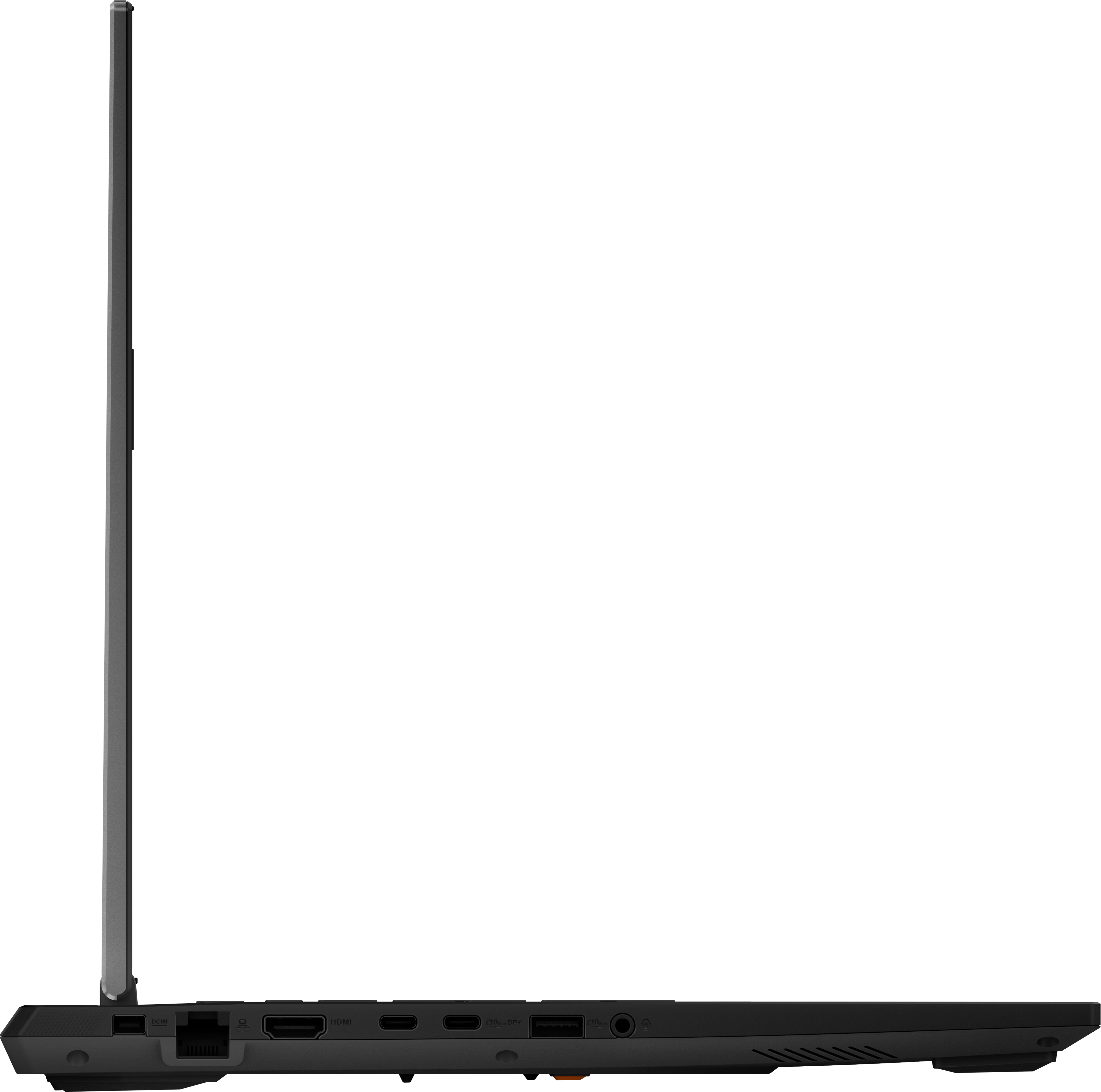 Seitenansicht eines schwarzen Laptops mit Anschlüssen.