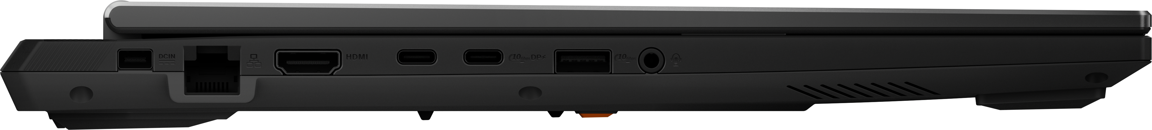 Seitenansicht eines Laptops mit Anschlüssen wie HDMI, USB und Audiobuchse.