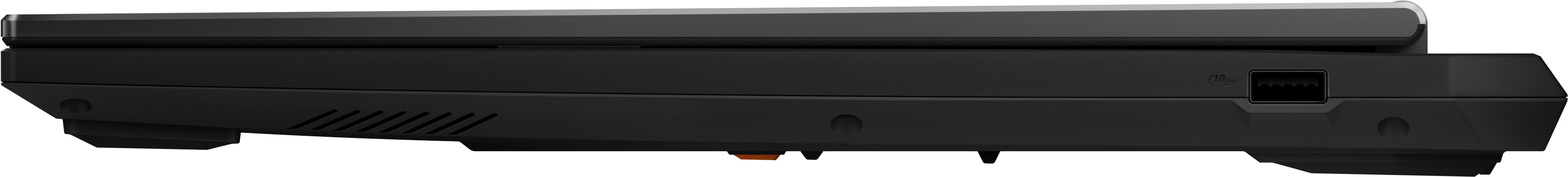 Eine Seitenansicht eines schwarzen Laptops, die die Seitenanschlüsse zeigt.