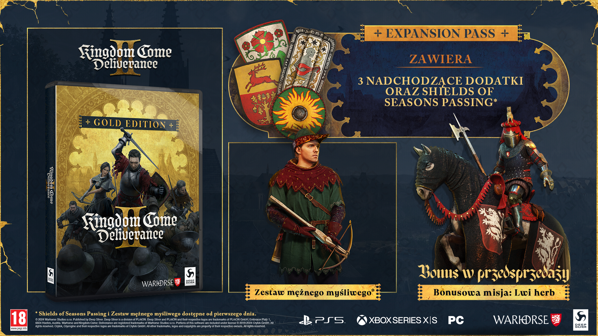 Pudełko gry Kingdom Come Deliverance II Gold Edition ze szczegółami dodatkowej zawartości.