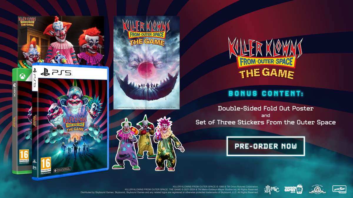 Grafika pudełka gry 'Killer Klowns From Outer Space: The Game'. Zawiera grę, postacie i zawartość bonusową.