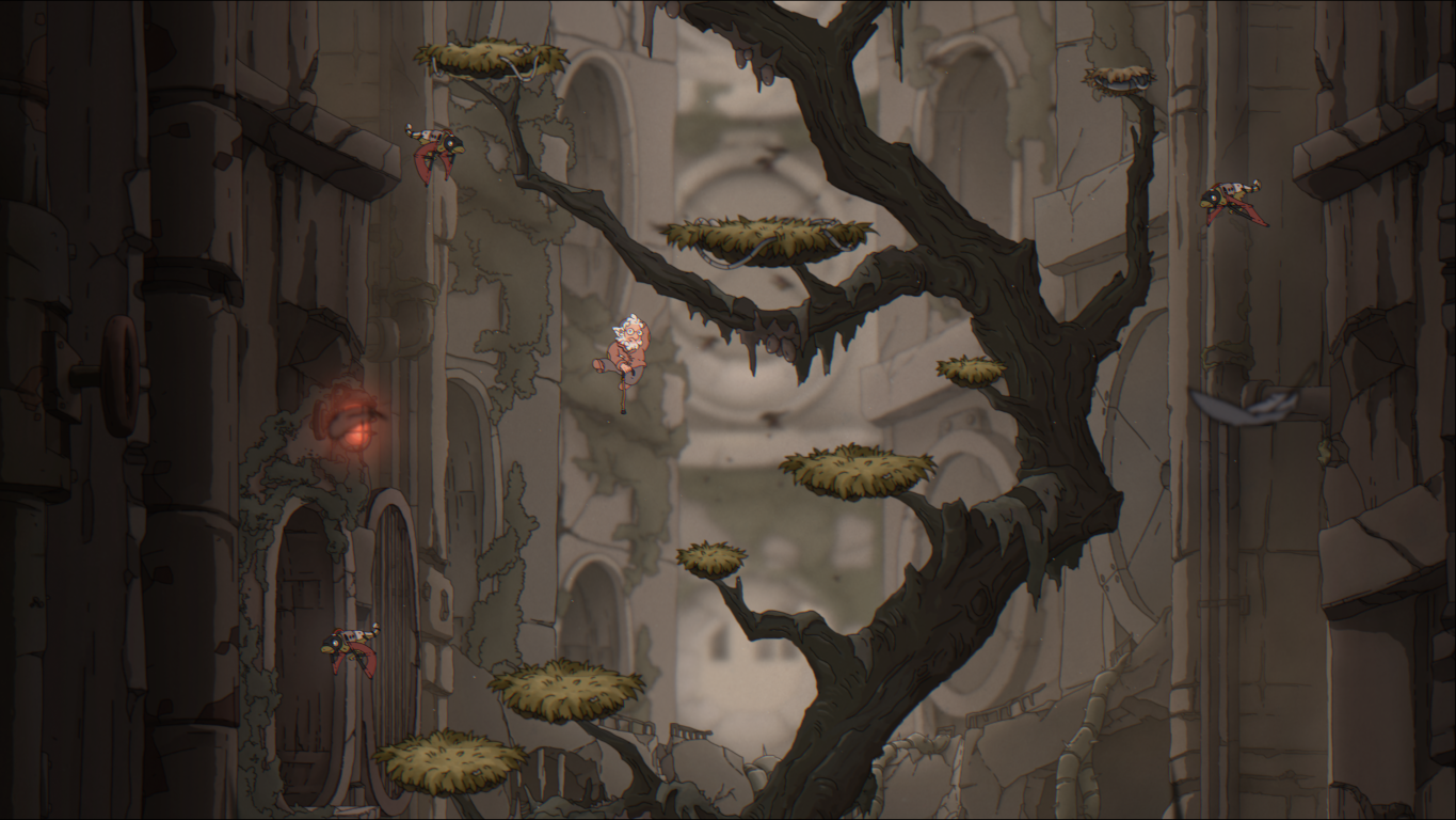 Scena z gry wideo z postacią skaczącą po platformach i latającymi robotami, w szarym otoczeniu.