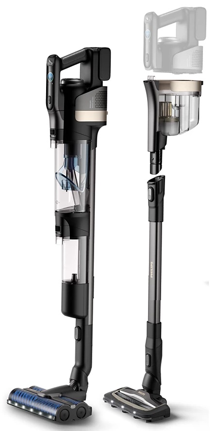 Odkurzacz bezprzewodowy z odłączanymi częściami. Główny korpus jest czarny, a akcesoria białe.