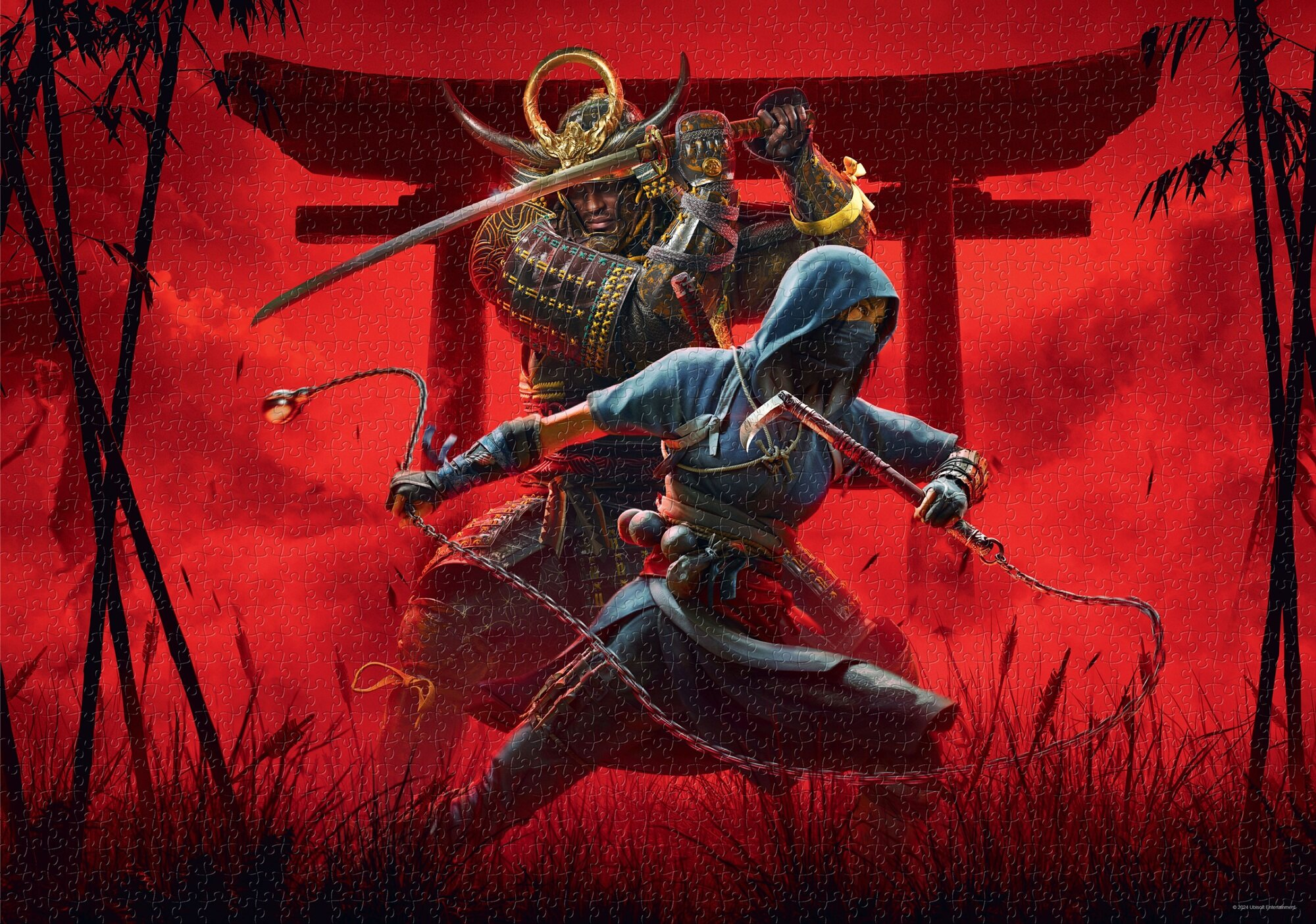 Dwóch samurajów walczy w czerwonej scenerii, jeden w zbroi z mieczem, drugi z biczem i nożami.