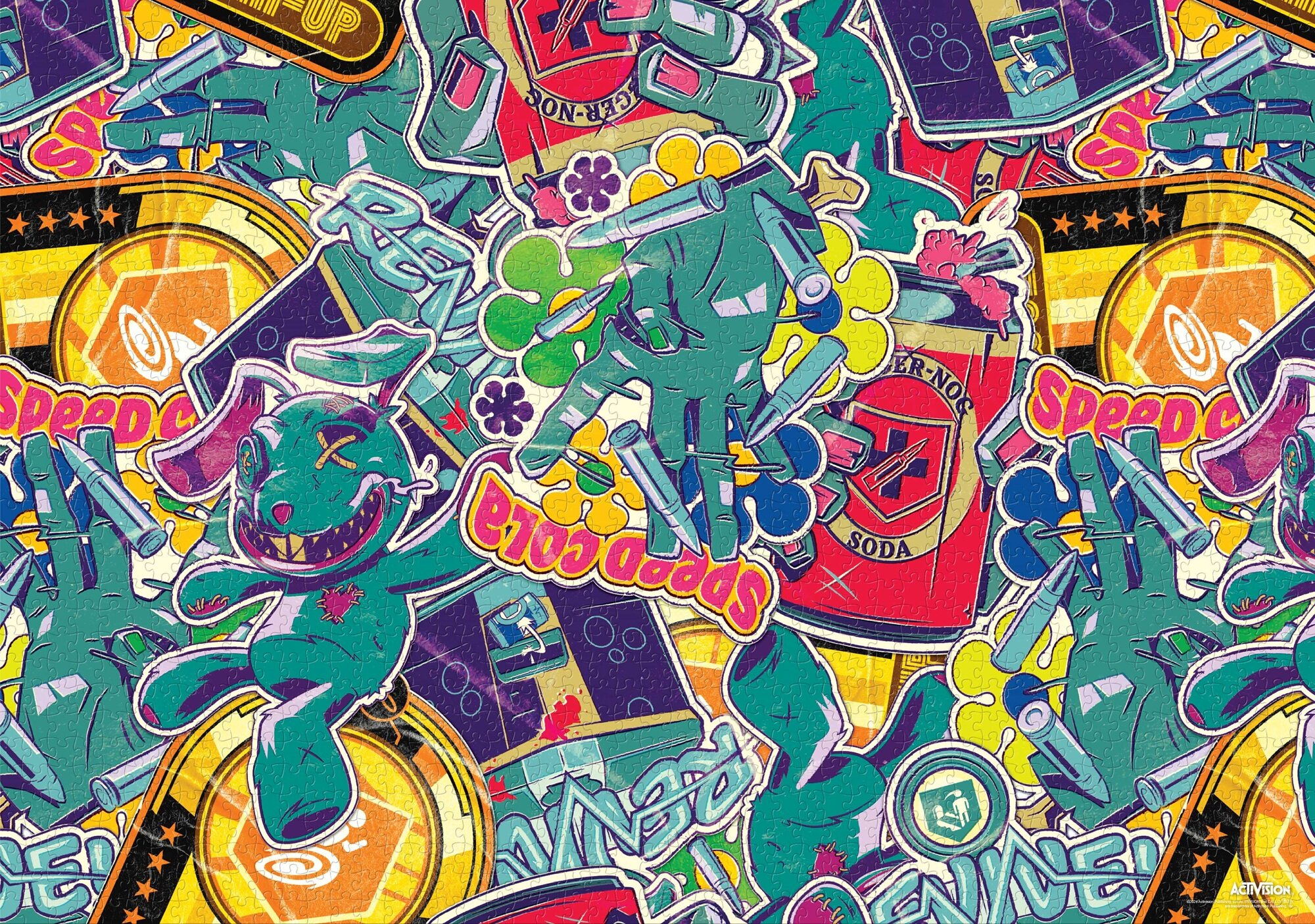 Kolorowa układanka z obrazkami z kreskówek, w tym dłonie z bronią i puszki z napojami gazowanymi.