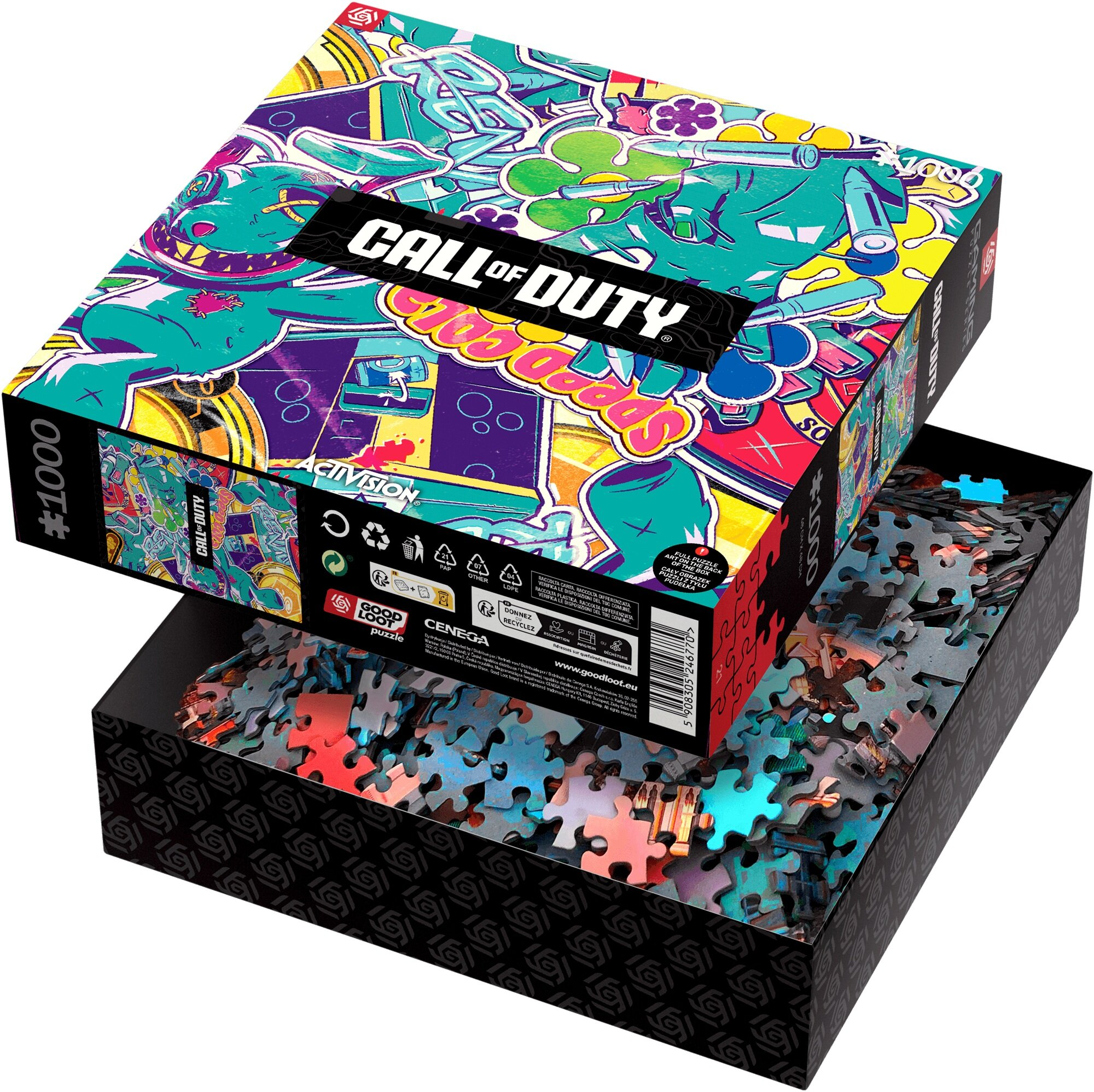 Pudełko z puzzlami otwarte, widoczne elementy układanki. Pudełko ma kolorowy wzór.