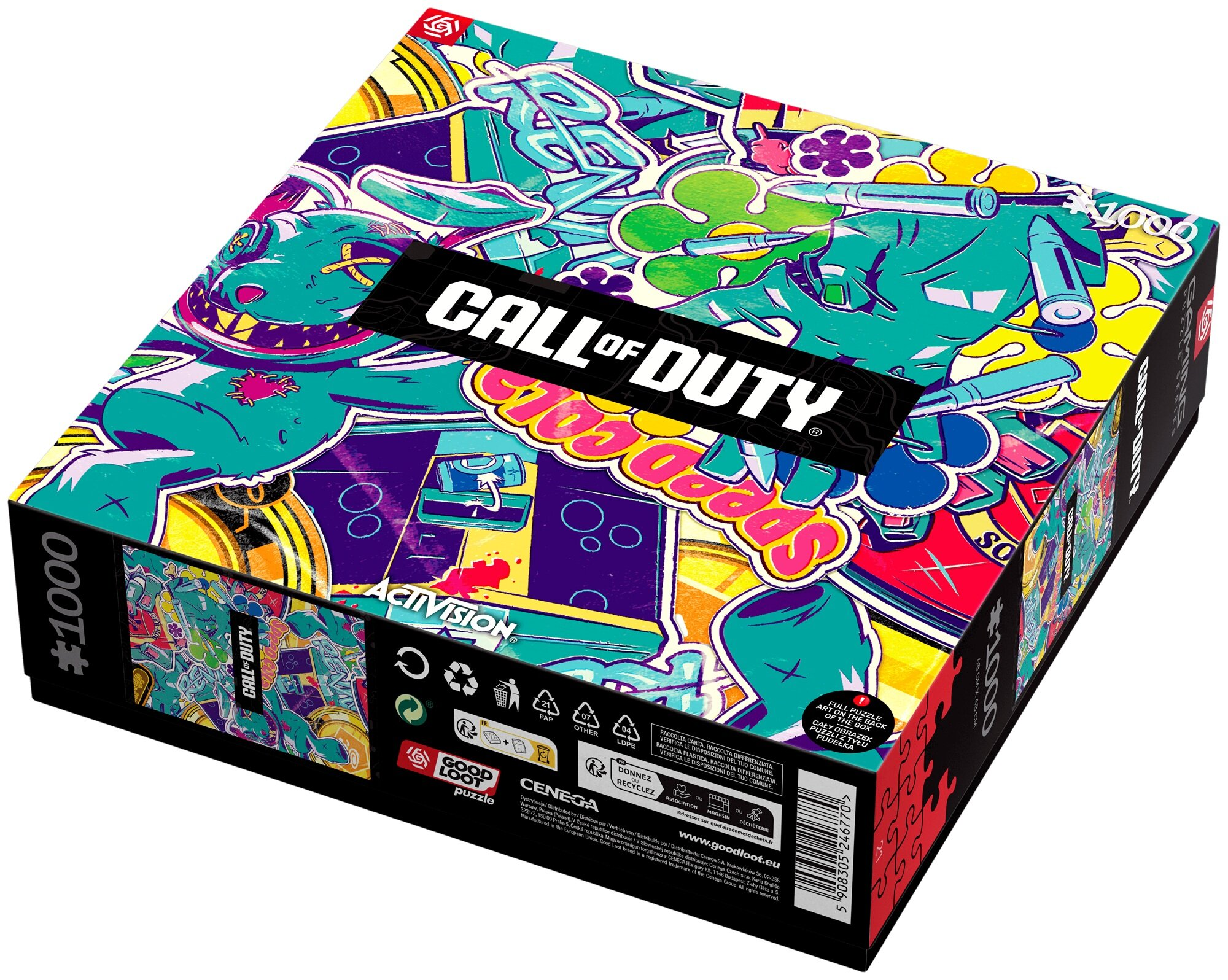 Pudełko z puzzlami Call of Duty z kolorową grafiką w stylu graffiti.