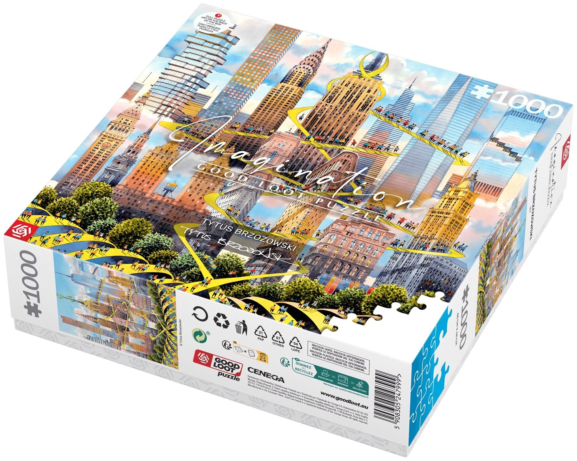 Pudełko z puzzlami z widokiem miasta. Wieżowce, ludzie, mosty i błękitne niebo.