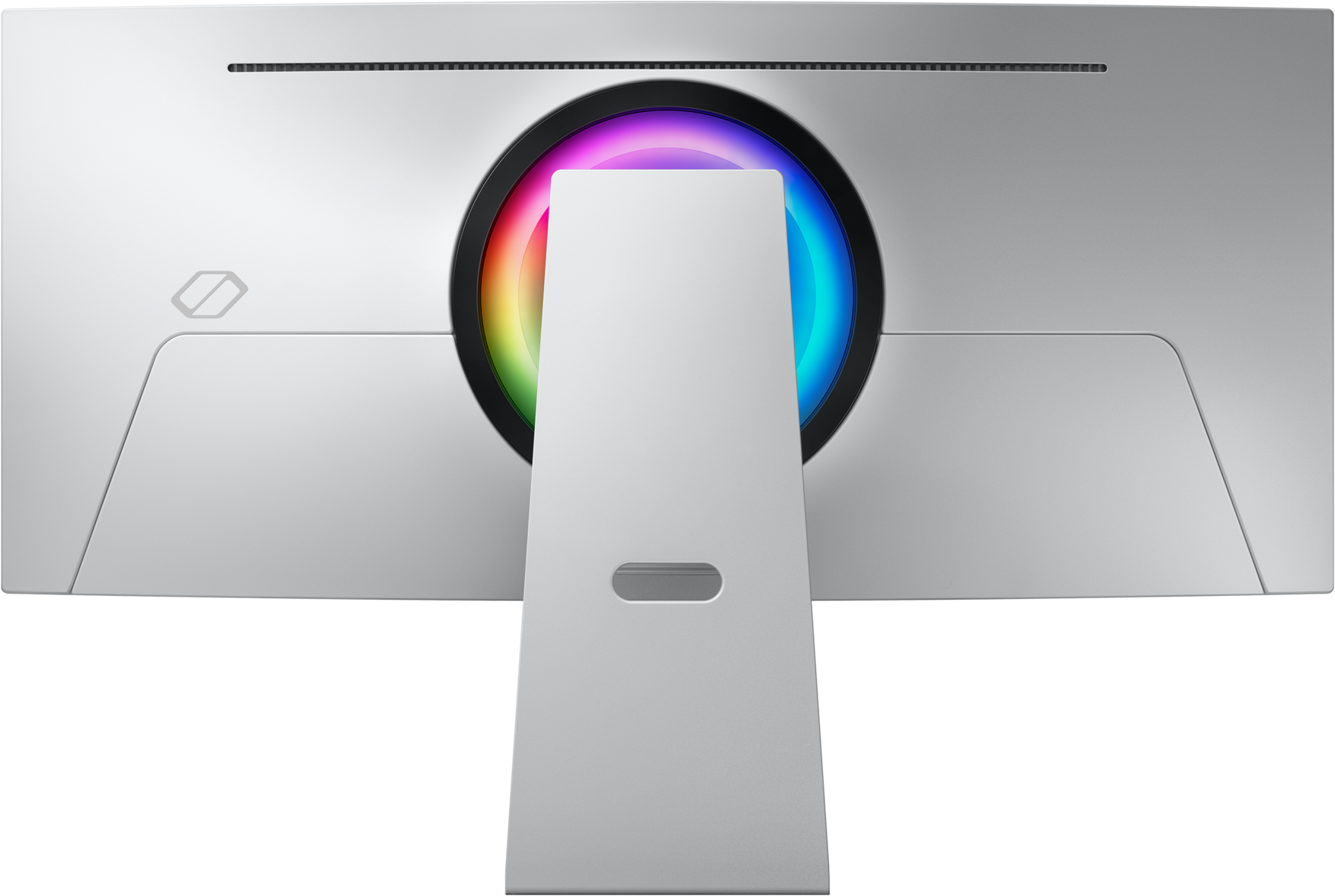 Arrière d'un moniteur d'ordinateur argenté avec un anneau lumineux coloré et un support.