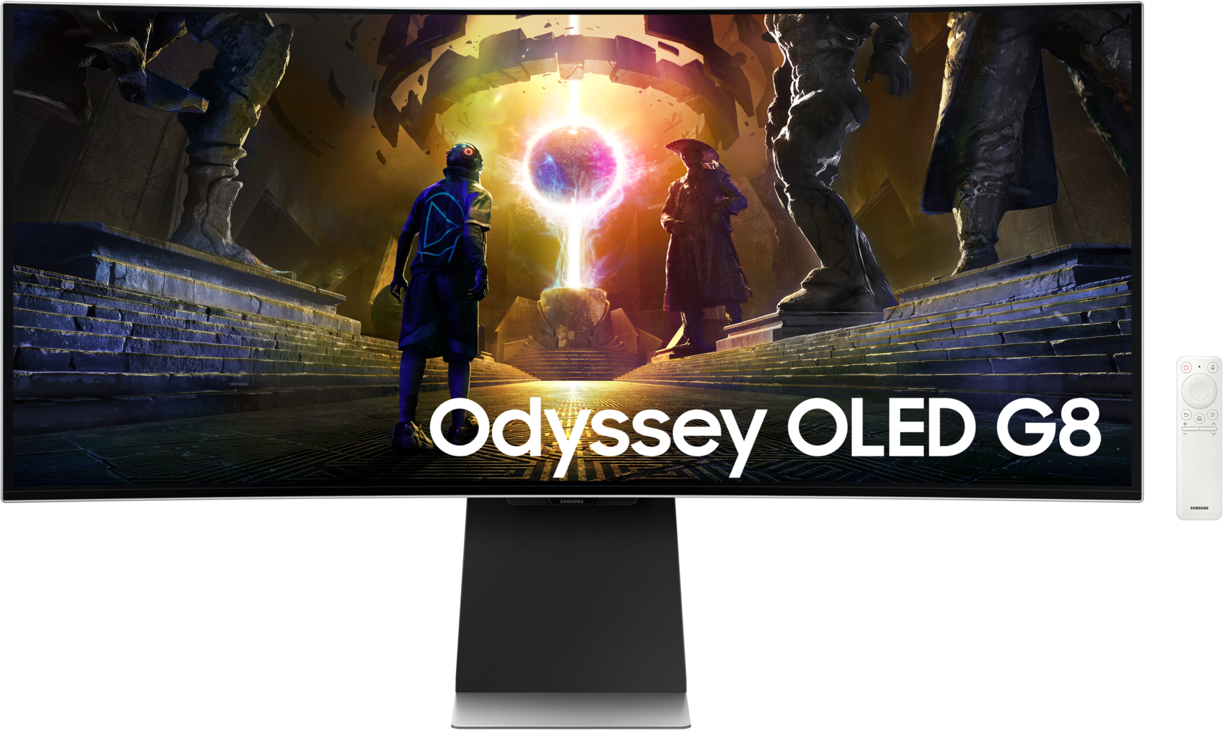 L'écran incurvé affiche une scène de jeu. Le logo Odyssey OLED G8 est visible.