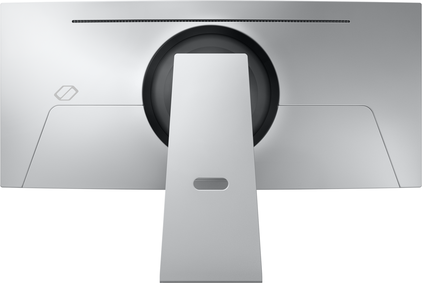 Vue arrière d'un moniteur d'ordinateur argenté avec un design incurvé et un support unique.