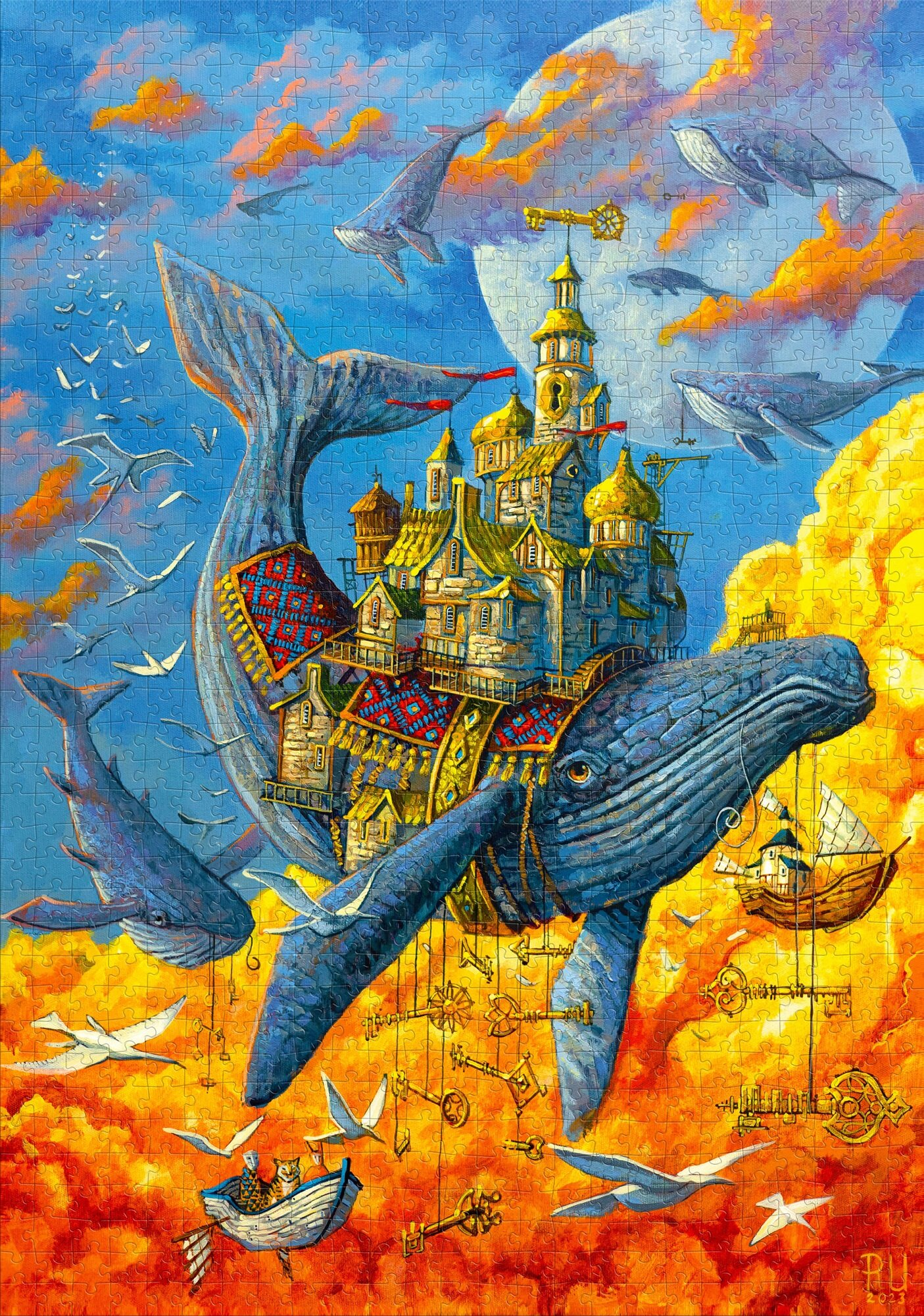 Puzzle w kształcie wieloryba z zamkiem na grzbiecie. Otoczone przez inne wieloryby, ptaki i klucze. Jasne niebo w tle.