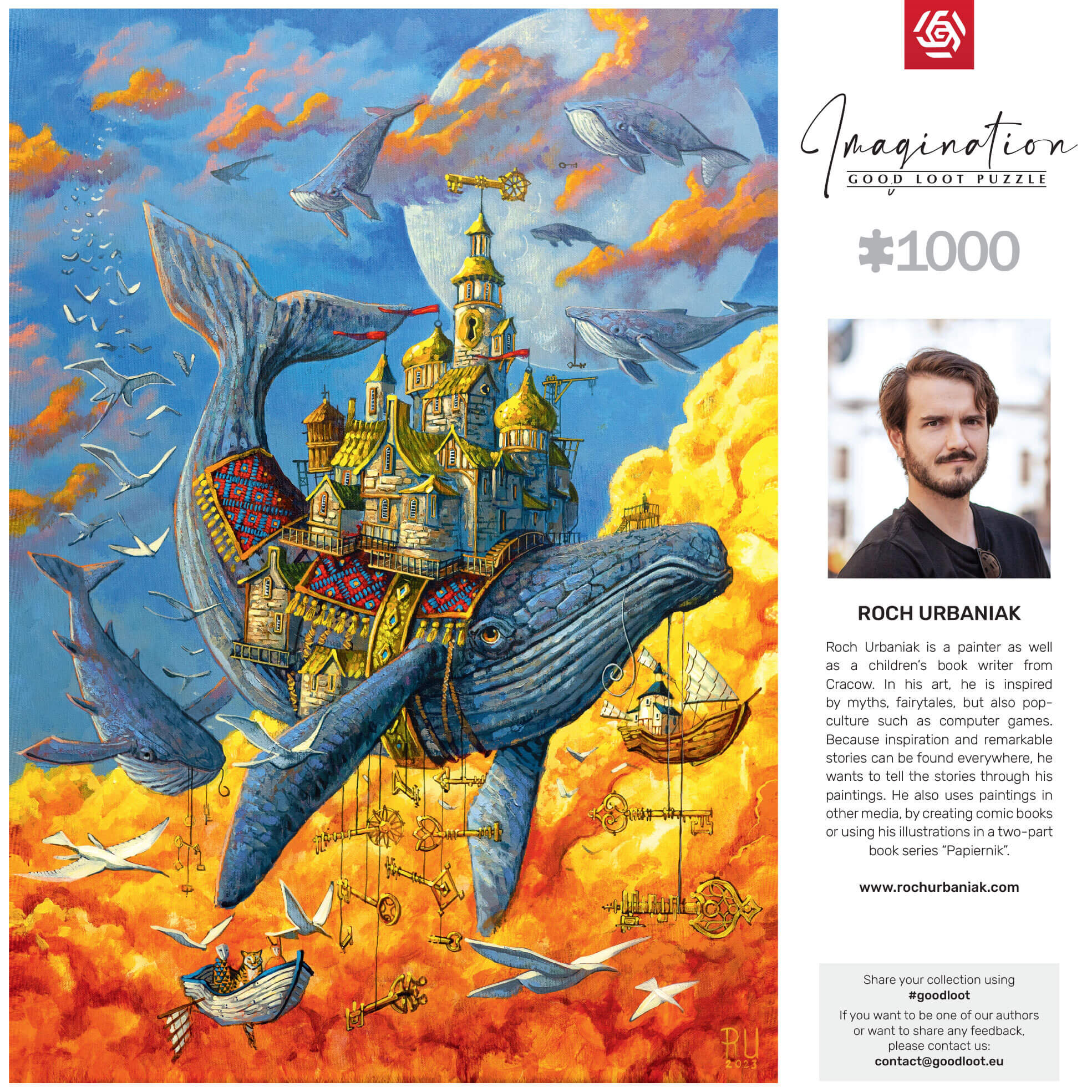 Kolorowa układanka z ilustracją wieloryba i zdjęciem artysty.