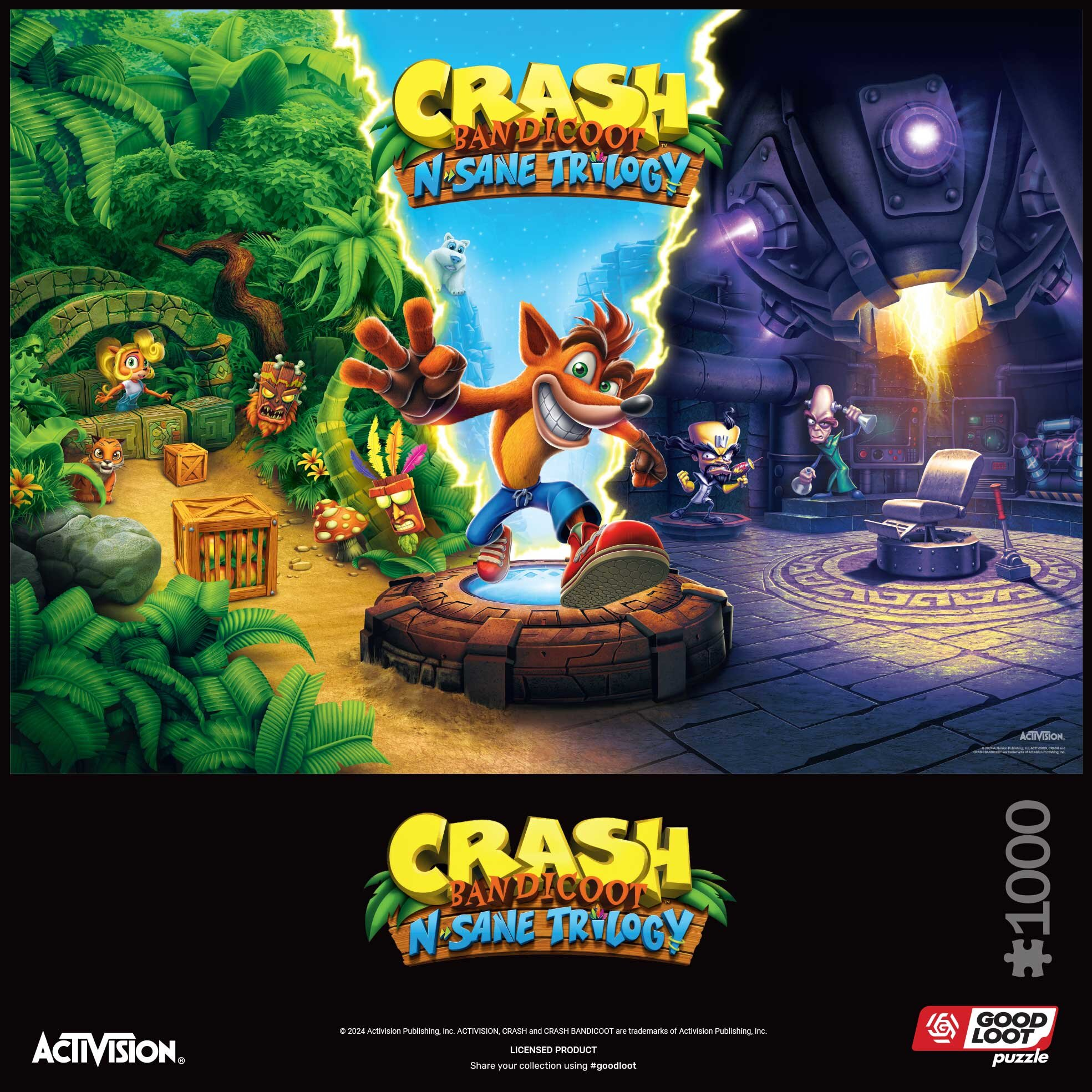 Grafika pudełka z puzzlami Crash Bandicoot N. Sane Trilogy. Z Crashem, sceną z dżungli i elementami gry.