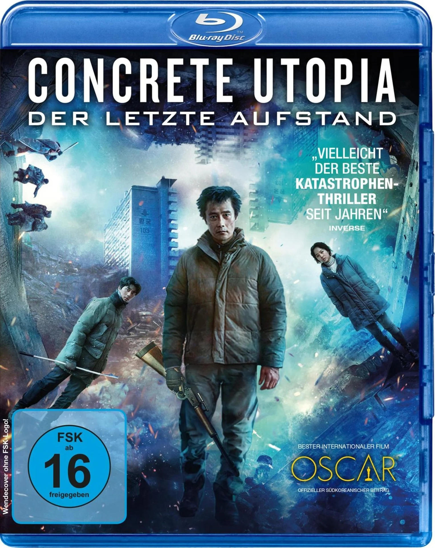 Concrete Utopia Blu-ray-Cover. Zeigt Menschen in einer zerstörten Stadt. Text auf Koreanisch und Deutsch.