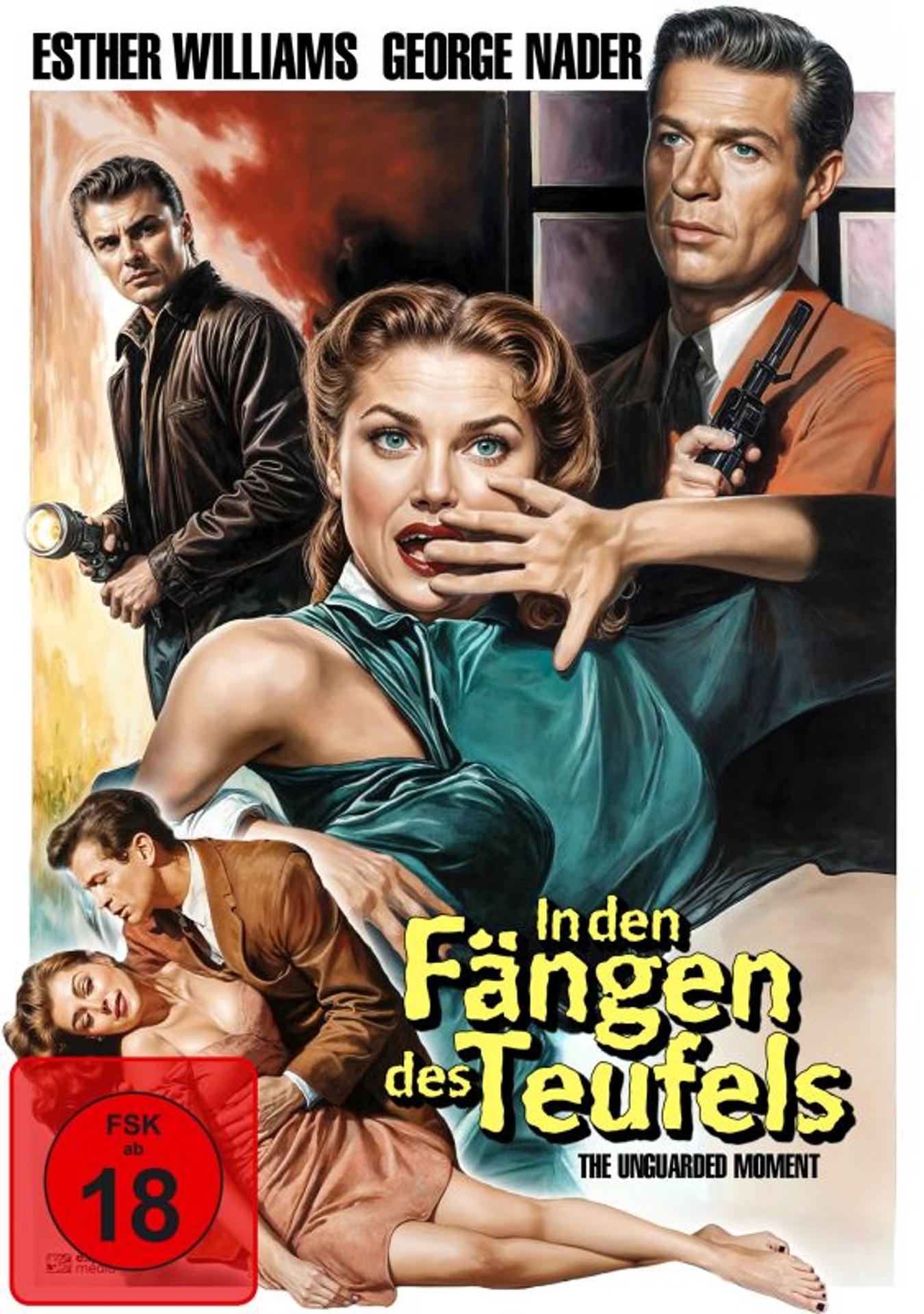 Filmposter. Vintage-Stil, Menschen sehen verängstigt aus. Deutscher Titel: In den Fängen des Teufels.