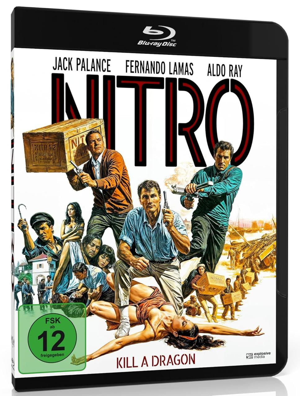 Blu-ray-Hülle für "Nitro - Kill a Dragon". Zeigt Schauspieler in Aktion mit Waffen. Grün-weißes Farbschema.