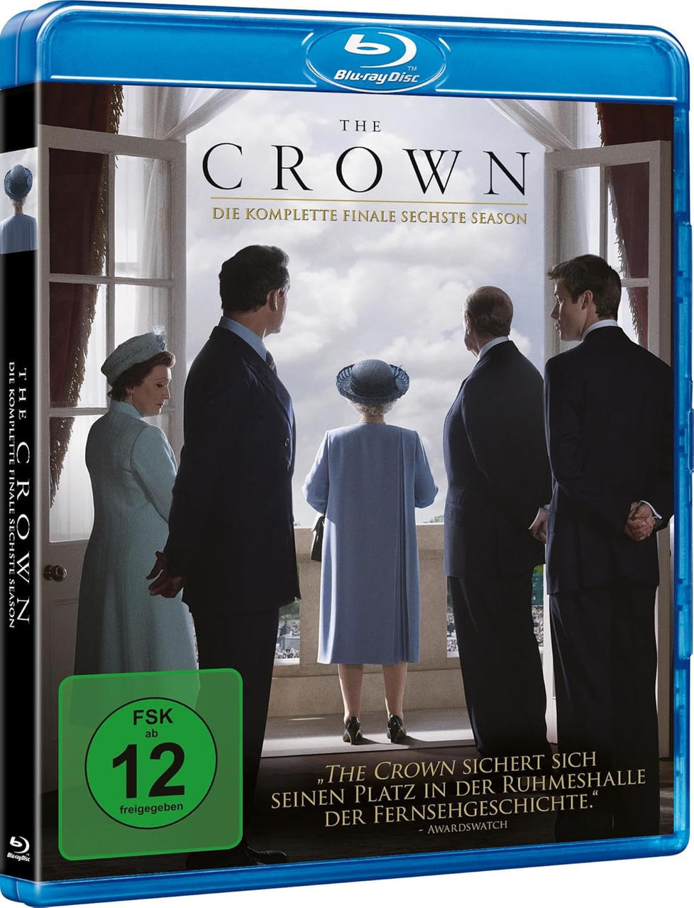 Blu-ray-Boxset von 'The Crown', Staffel 6, mit Darstellern, die aus einem Fenster schauen.