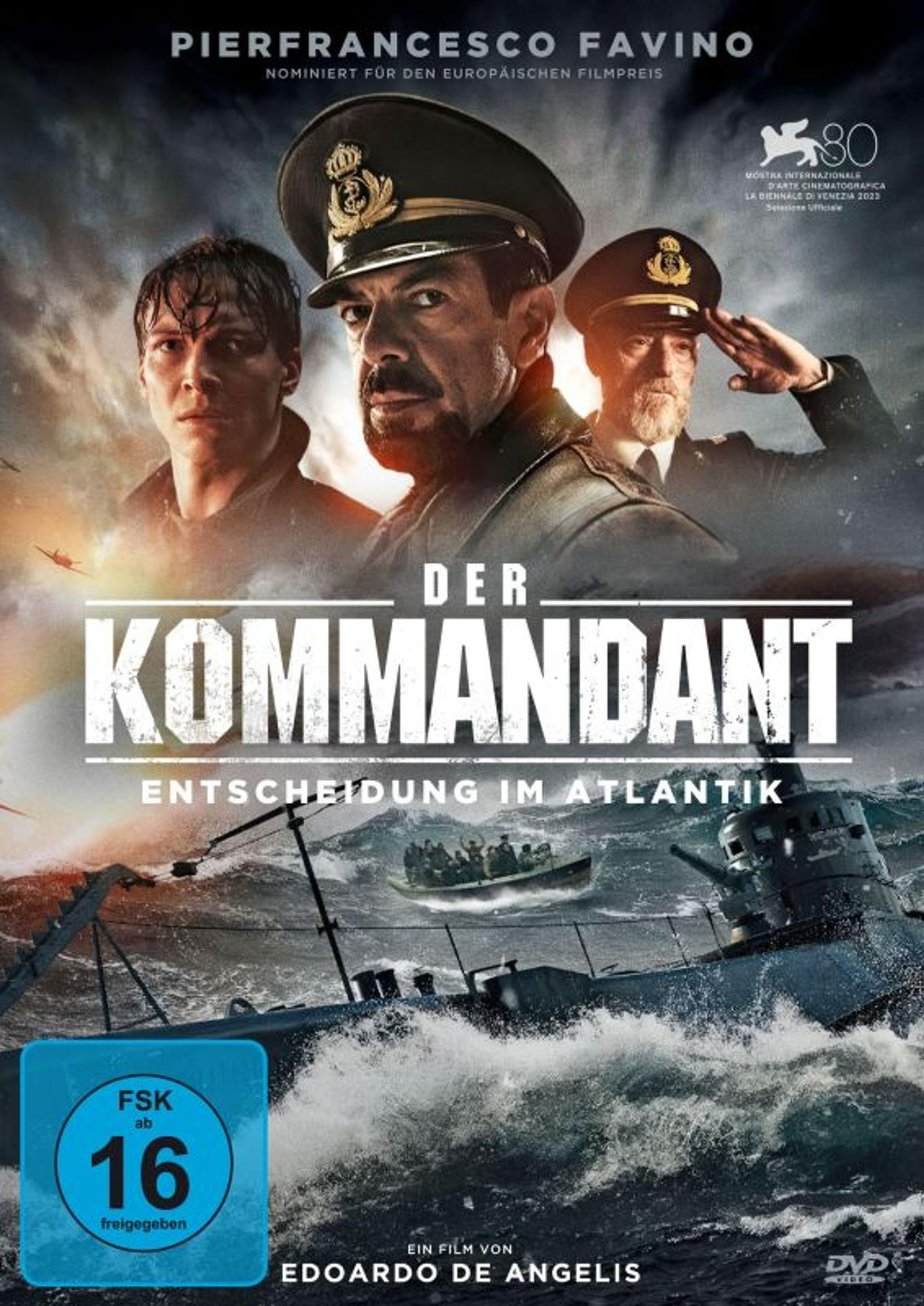 Filmposter mit drei Männern in Uniform, U-Boot im Meer und Text auf Deutsch.