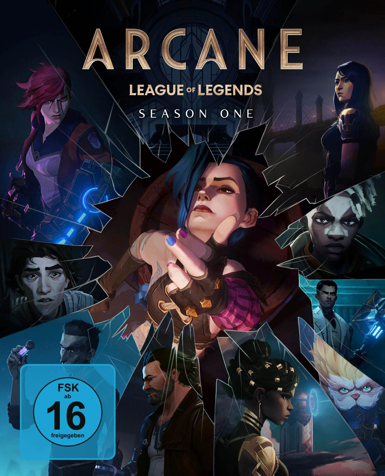 Arcane: League of Legends Staffel Eins Cover. Animierte Charaktere in einem zerbrochenen Glaseffekt.