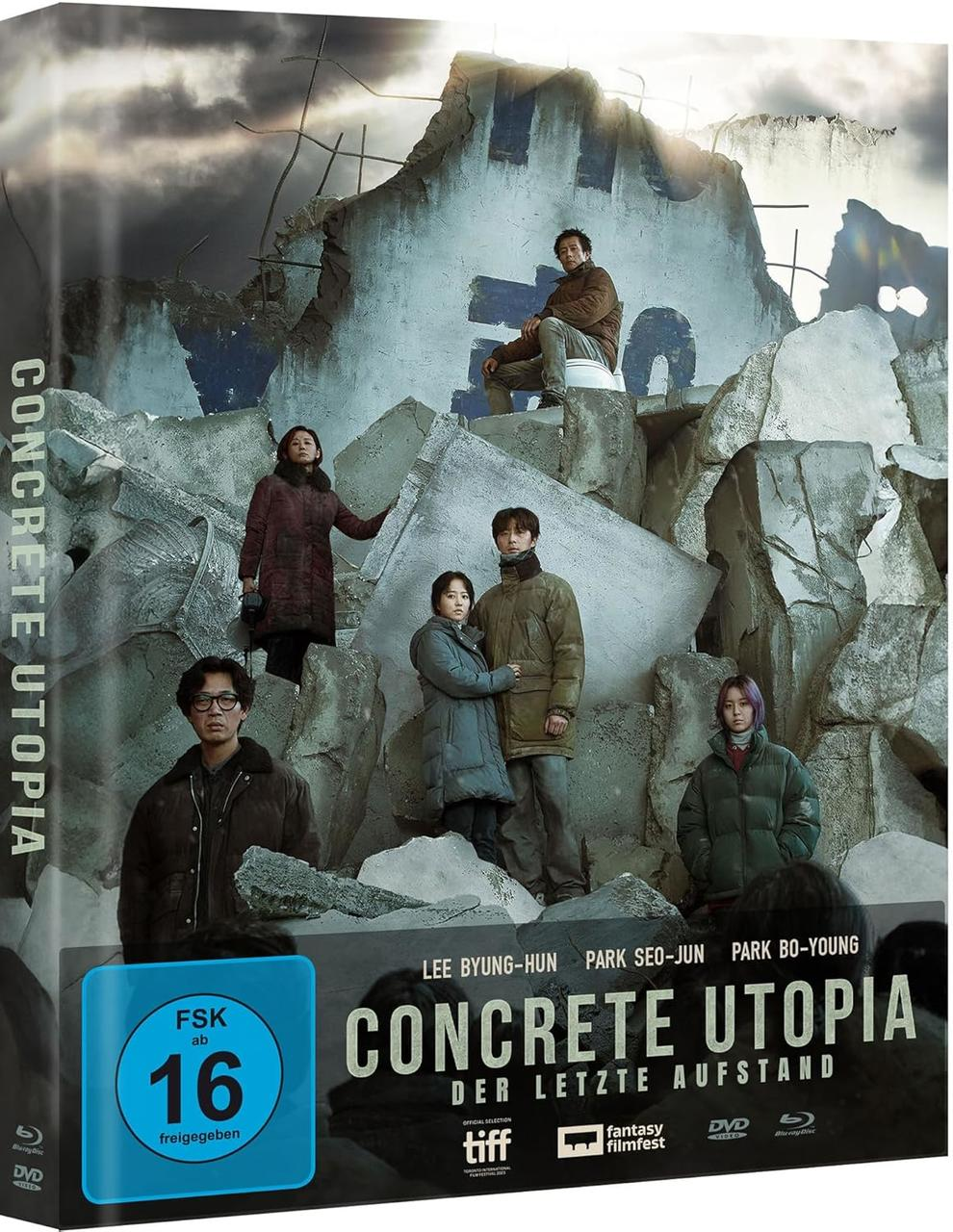 Filmcover mit Menschen in postapokalyptischer Umgebung, deutscher Text.