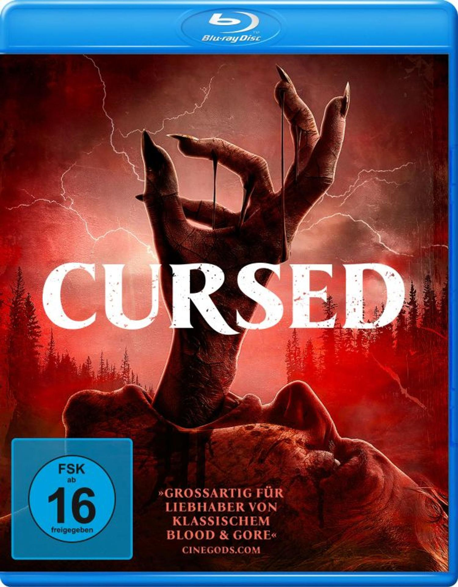 Blu-ray-Cover des Films 'Cursed'. Eine Hand taucht aus rotem Hintergrund auf. Titel 'Cursed' in weißen Buchstaben.
